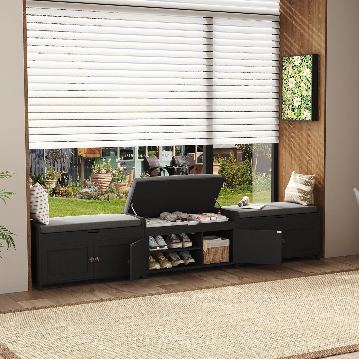 HOMEFORT 30" Shoe Bench with Lift Top Storage, Entryway Bench with Cushioned Seat, Wooden End of Bed Bench, Shoe Cabinet Bench with Hidden Storage Space, for Bedroom, Hallway,Black