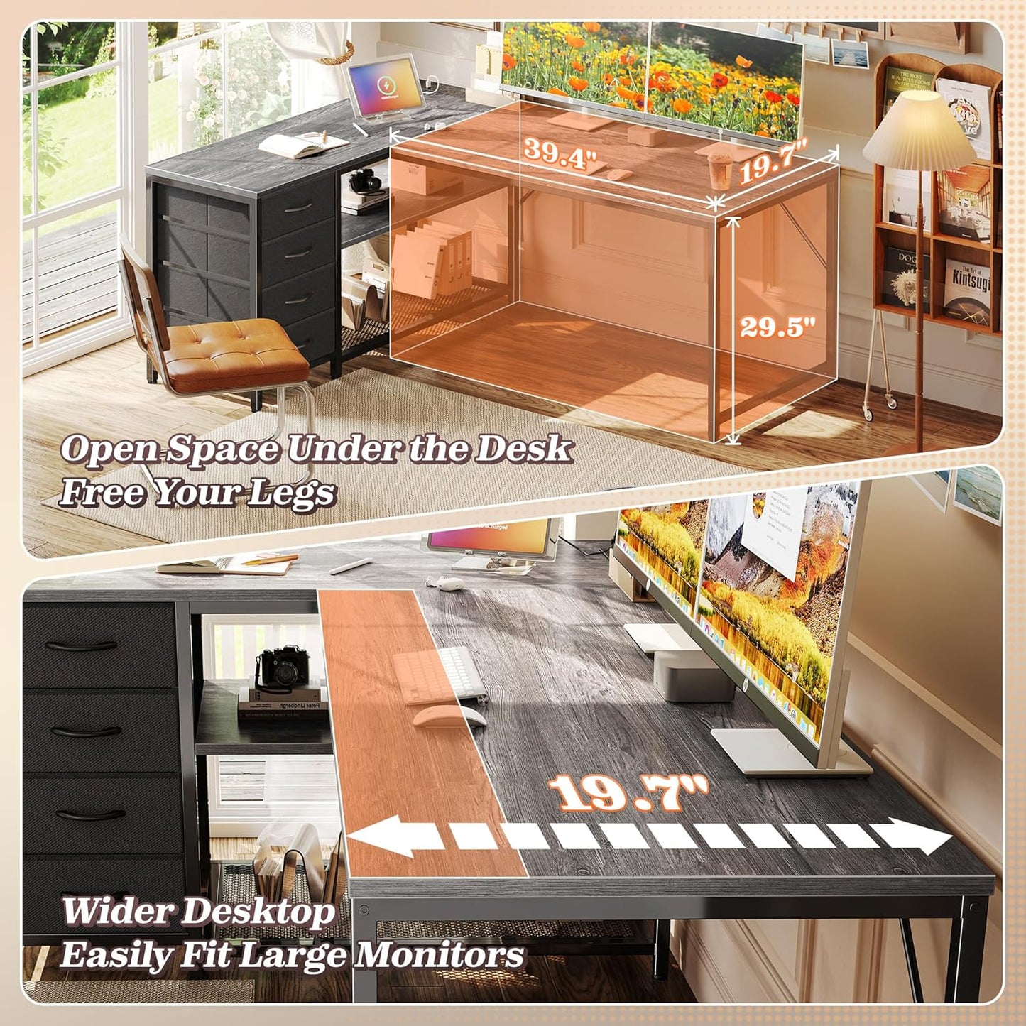 PRAISUN 53" L Shaped Desk with Power Outlets and USB-C Port, Reversible Computer Corner Office Desk with 4 Fabric Drawers and 2 Height-Adjustable Shelves, Large for Gaming Writing Work Study, Grey