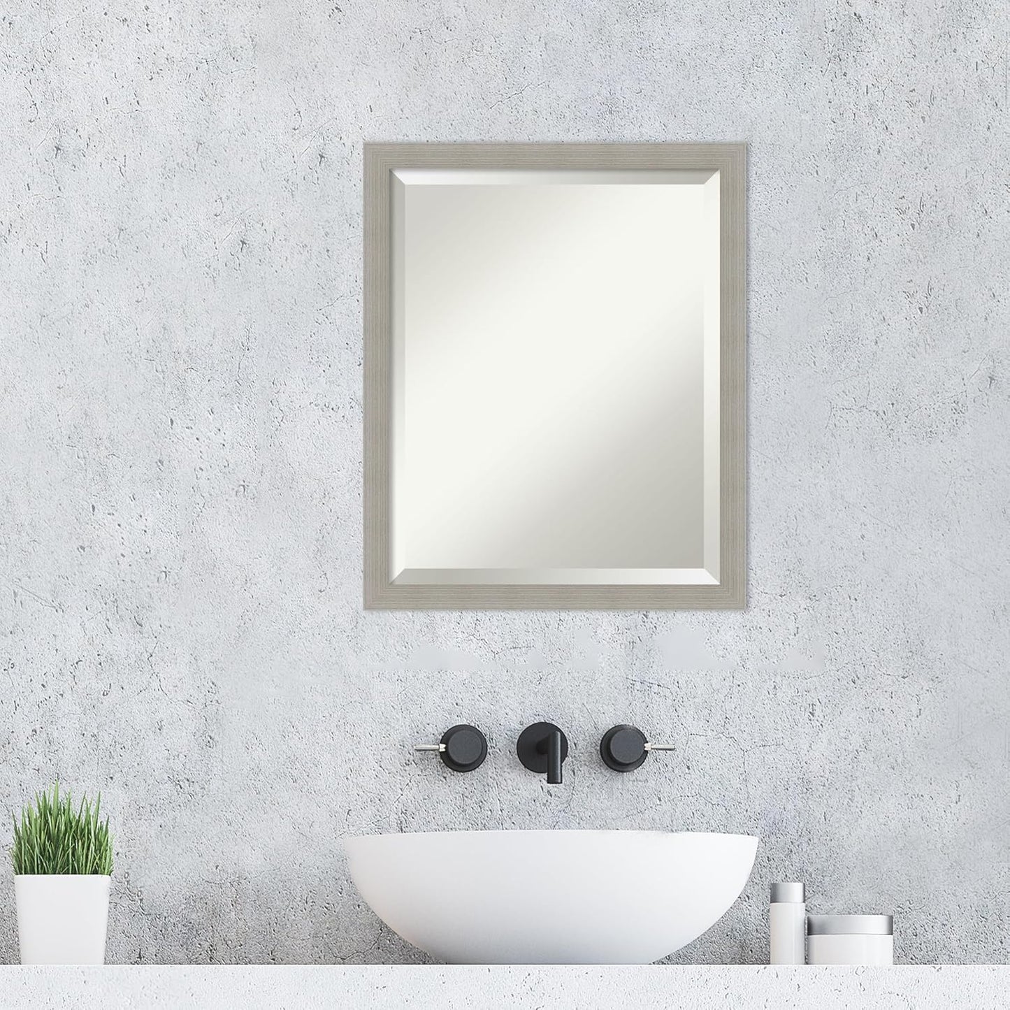 Amanti Art Grey Wall Mirror 22x18 Woodgrain Stripe Grey Rectangle Bathroom Mirror for Wall Decor Living Room, Small Casual Wood Frame, Hangs Horizonally and Vertically, Bathroom Decor, Beveled Edge