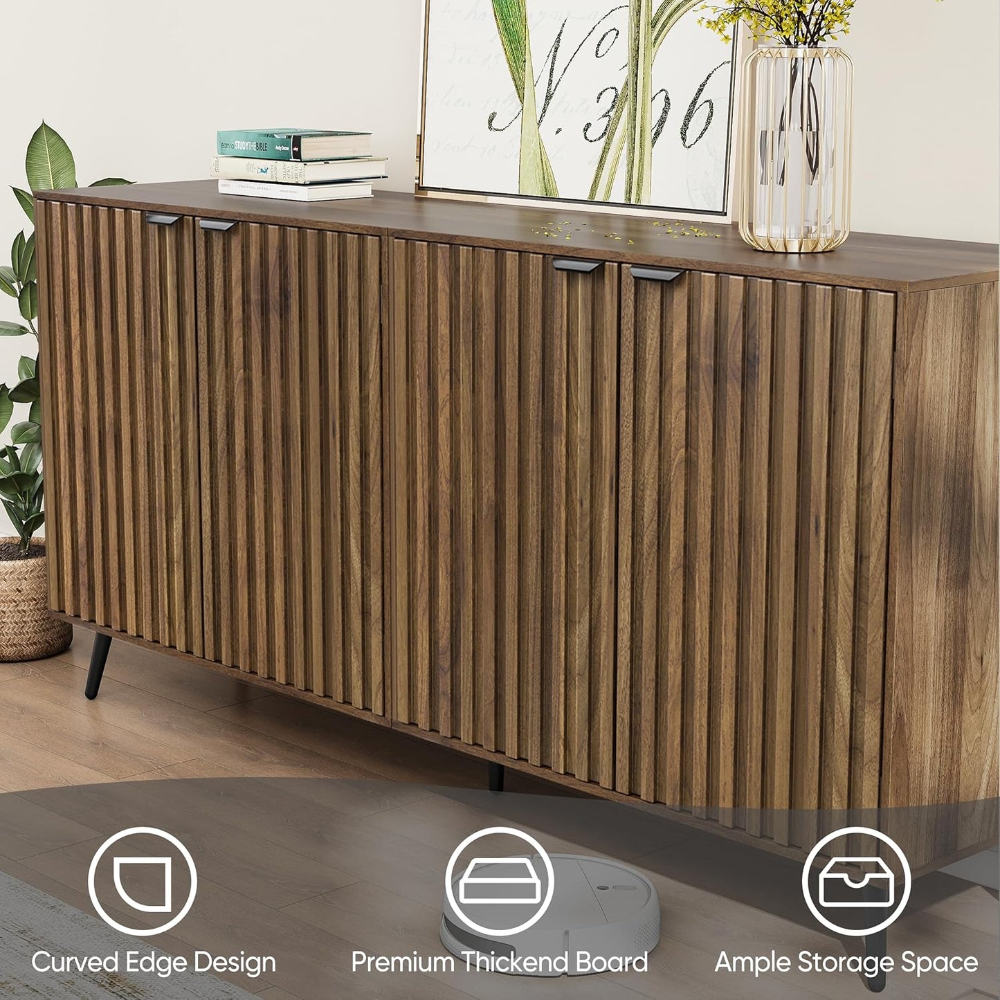 Smuxee 63" Fluted Sideboard Cabinet, Freestanding Walnut Buffet Cabinet with Adjustable Shelf, Wood Storage Cabinet for Living Room, Entryway, Hallway