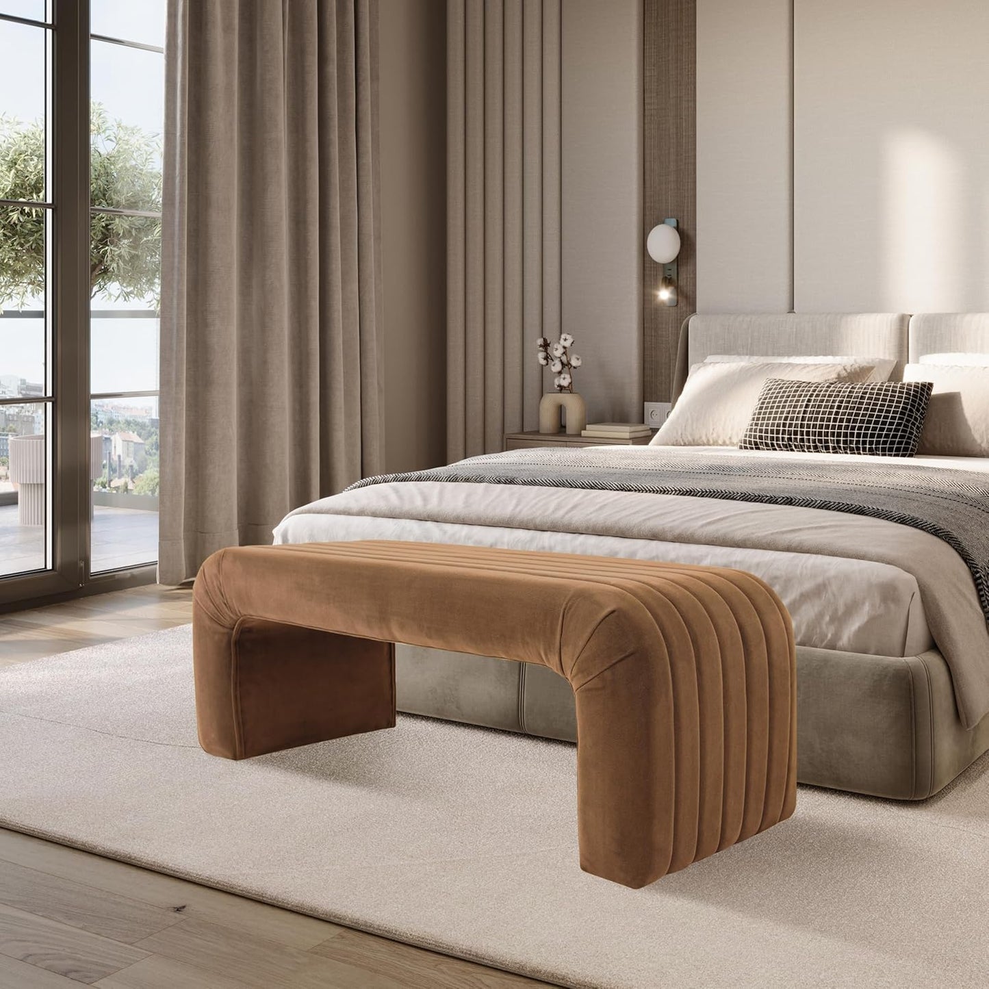 HomePop Arch Channel Bench|Bench for Living Room & Bedroom | Decorative Home Furniture - Rust Orange Velvet