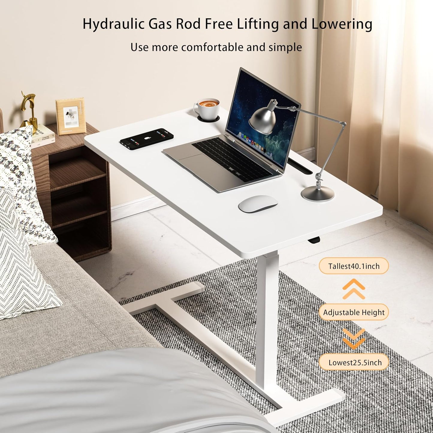 Home Office Desks Height Adjustable with 360° Moveable Hidden Wheels,Multifunctional Pneumatic Laptop Desk Suitable for Sofa、Bedside、Study and Work Use,White