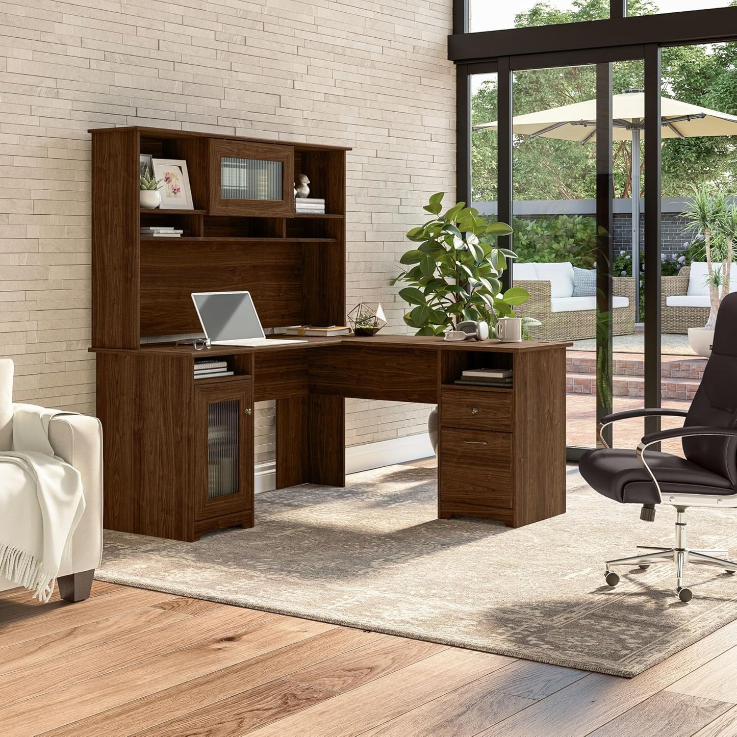 Bush Furniture Cabot L Shaped Desk with Hutch | Corner Desk with Storage for Home Office in Modern Walnut | 60W L Shaped Computer Desk