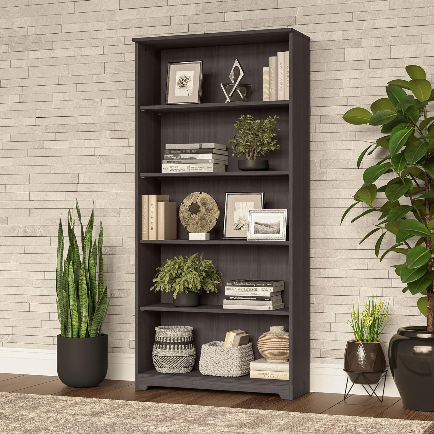 Bush Furniture Cabot Tall 5 Shelf Bookcase | Large Open Bookshelf in Heather Gray | Sturdy Display Cabinet for Library, Living Room, and Home Office
