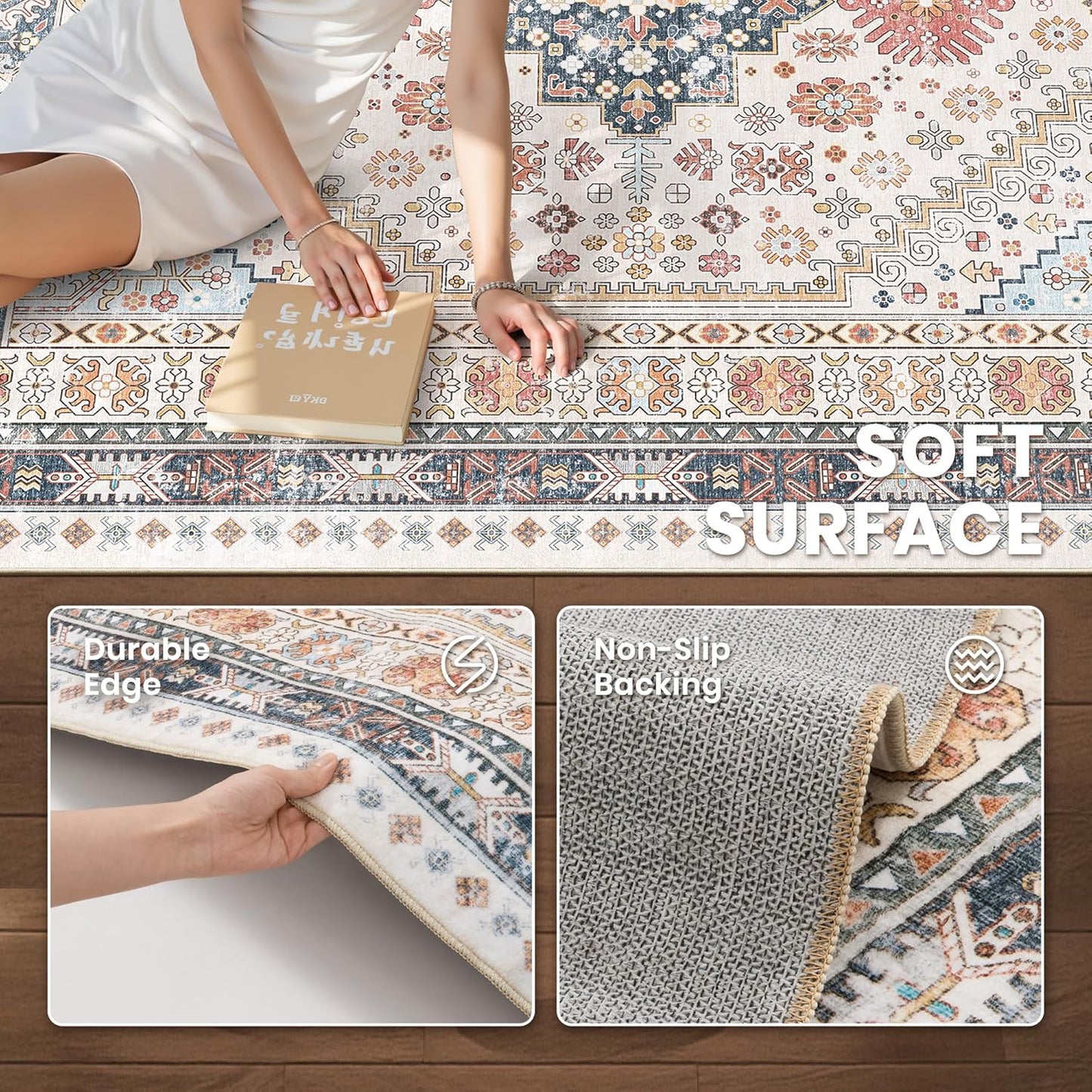 zesthome 8x10 Area Rugs for Living Room,Non-Slip Backing Washable Rugs,Vintage Large Area Rug,Stain Resistant Home Decor Rug (Multi,8'x10')