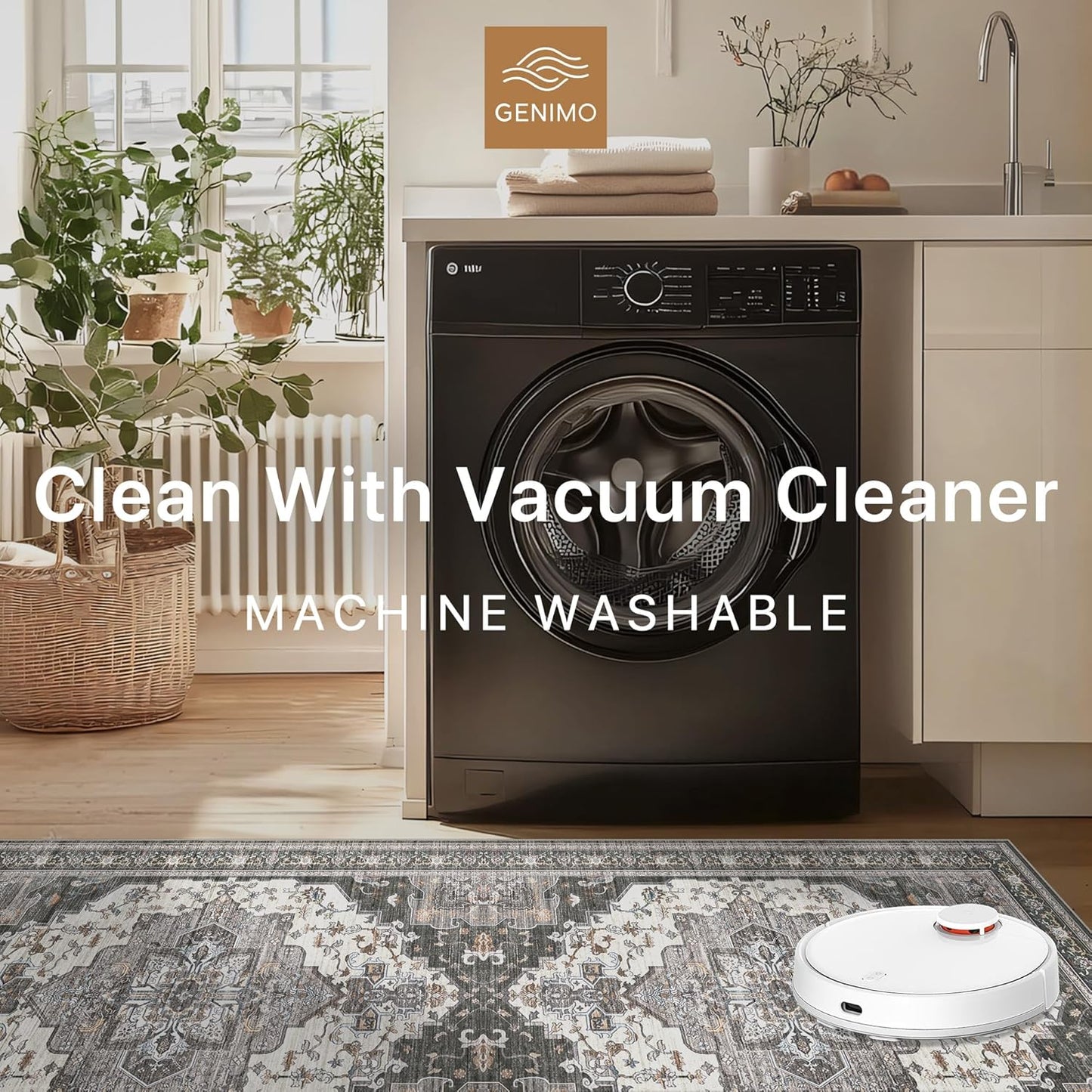 GENIMO 2X8 Hallway Runner Rug, Machine Washable Non Slip Vintage Floral Patchwork Runners, Thin Low Pile Chenille Carpet Runners for Entryway, Kitchen, Bathroom, Bedroom, Slate Gray