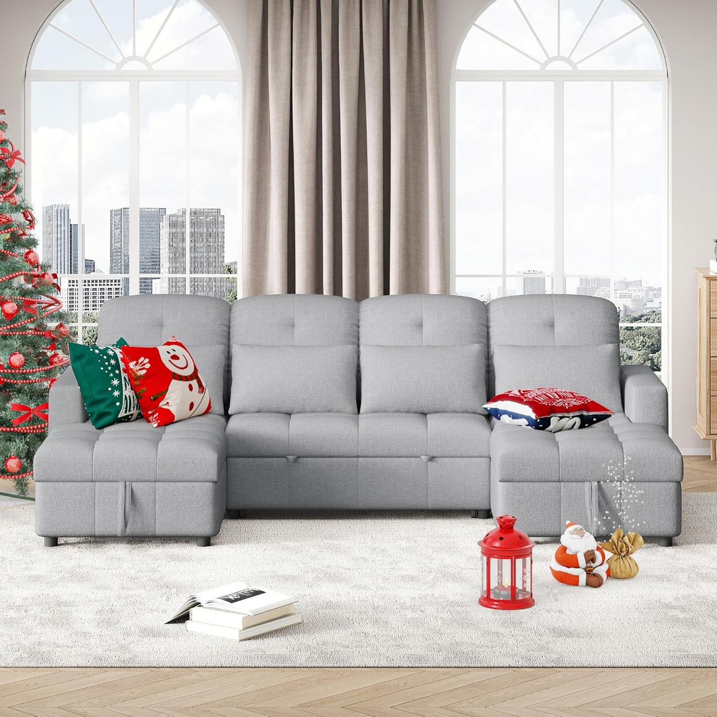 Ball & Cast 110.2" Oversized Versatile Sectional Sleep Sofa with Two USB Ports,U-Shape 4 Seat Pull-Out Couch w/Double Storage Chaise Lounges,for Living Room,Apartment,Office,Gray