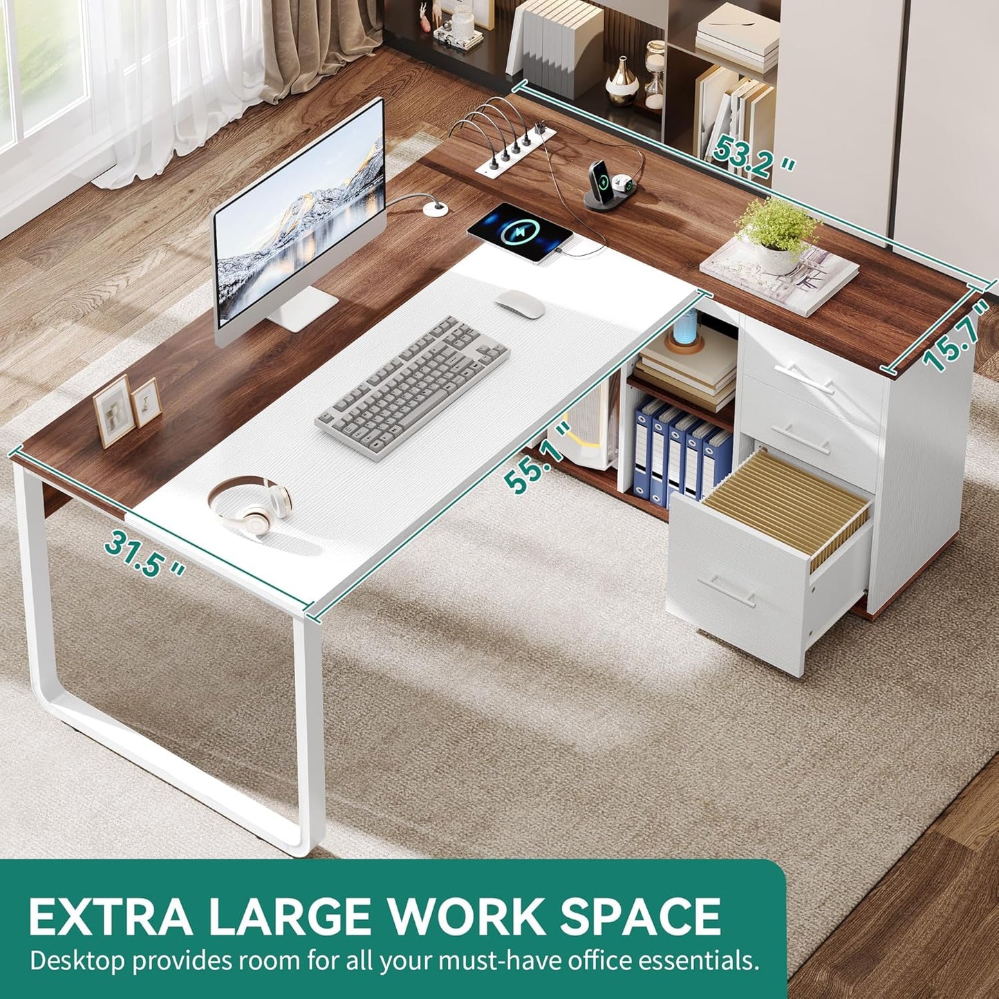 YITAHOME Executive Desk with Power Outlets, 71" L Shaped Desk with File Cabinet, Executive Desk with Drawers & Storage Shelves, Corner Office Desk with Bookshelf for Home Office, Walnut & White