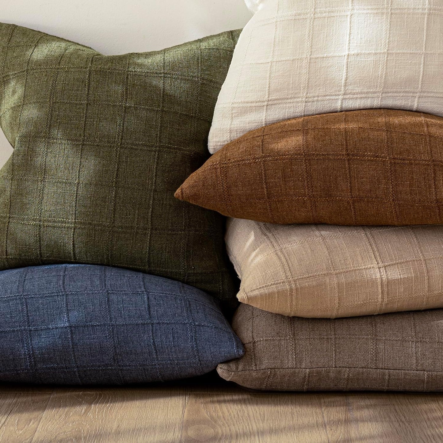 Foindtower Set of 2 Decorative Linen Check Throw Pillow Covers Neutral Farmhouse Lumbar Cushion Covers Modern Boho Home Decor for Sofa Chair Couch Bedroom Living Room Outdoor,12×20 Inch,Tan Taupe