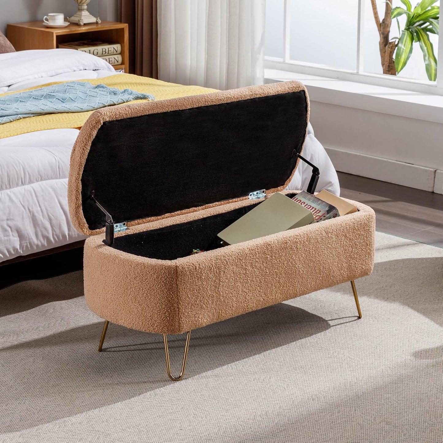 Storage Ottoman Bench with End of Bed Gold Legs,Modern Faux Fur Entryway Long Stool Upholstered Padded W/Safety Hinge,for Bedroom LivingRoom Window Side,Camel