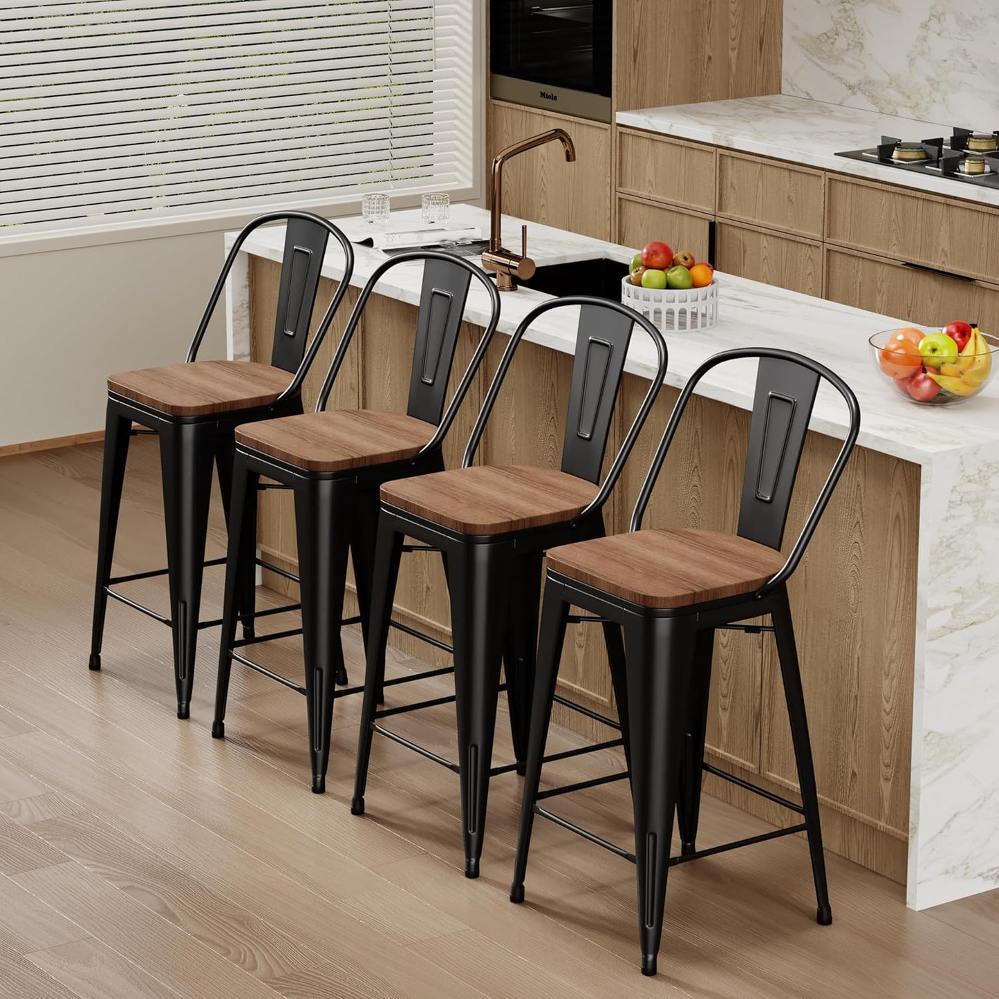 Changjie Furniture 26 Inch Metal Barstools Set of 4 Counter Height Bar Stools Industrial Stools with Backs High Back Chairs for Kitchen Island (26 Inch, Black)