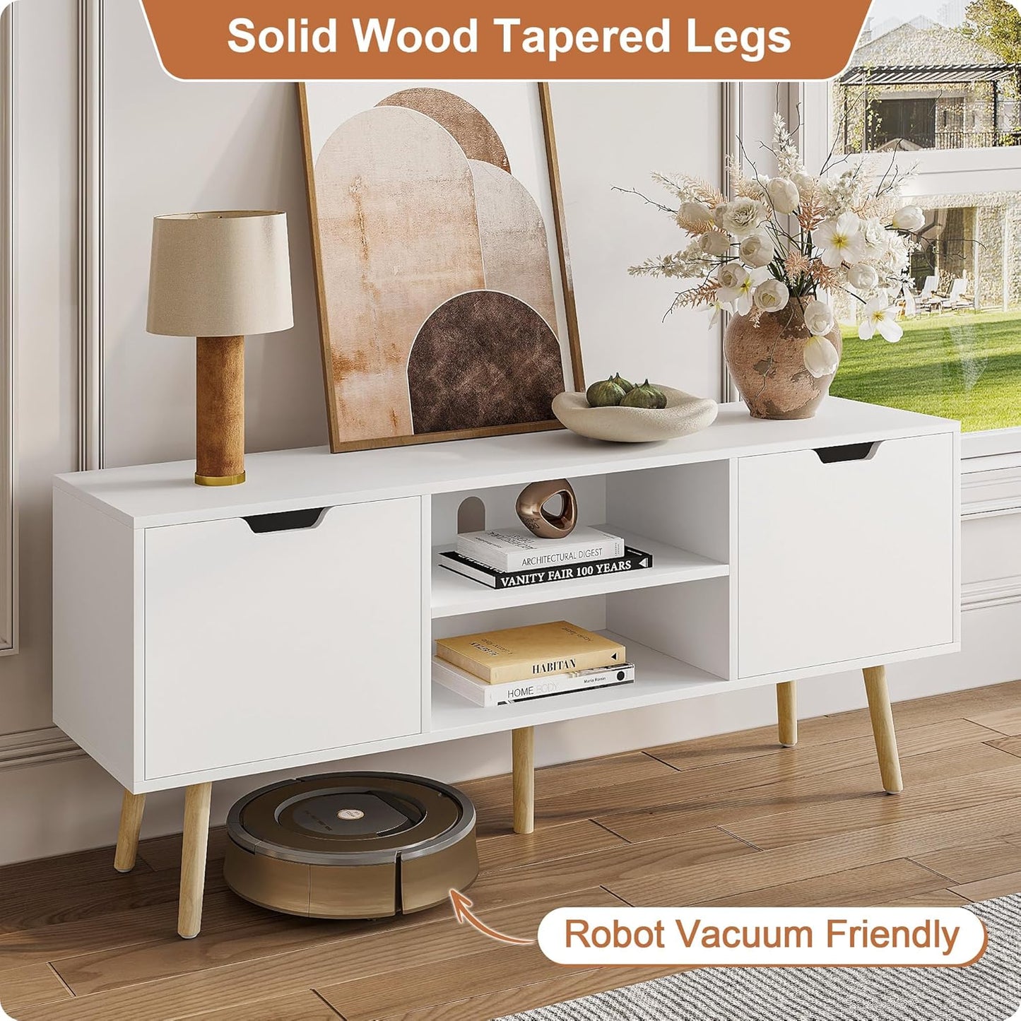 ALINE FURNITURE White TV Stand with Storage - Media Console Cabinet for 50 55 60 Inch TVs - Entertainment Center - Wood TV Stands for Living Room