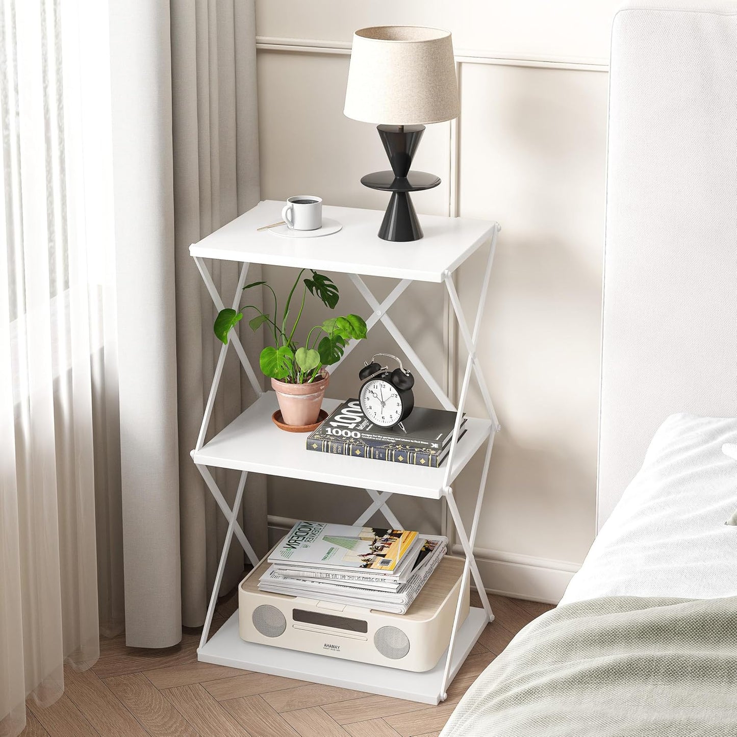 3-Tier End Table Set of 2 Small Side Table Tall Bedside Night Stand with Storage Sofa Side desks for Living Room Bedroom Office Bathroom Small Space White ET-03W-2