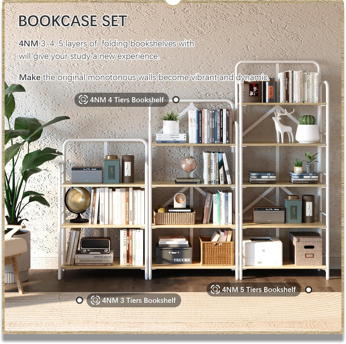 4NM No Assembly Folding Bookshelf 4 Tiers Vintage Industrial White Book Shelf Metal Foldable Storage Bookcase and Bookshelves for Living Room,Bedroom and Kitchen - Natural