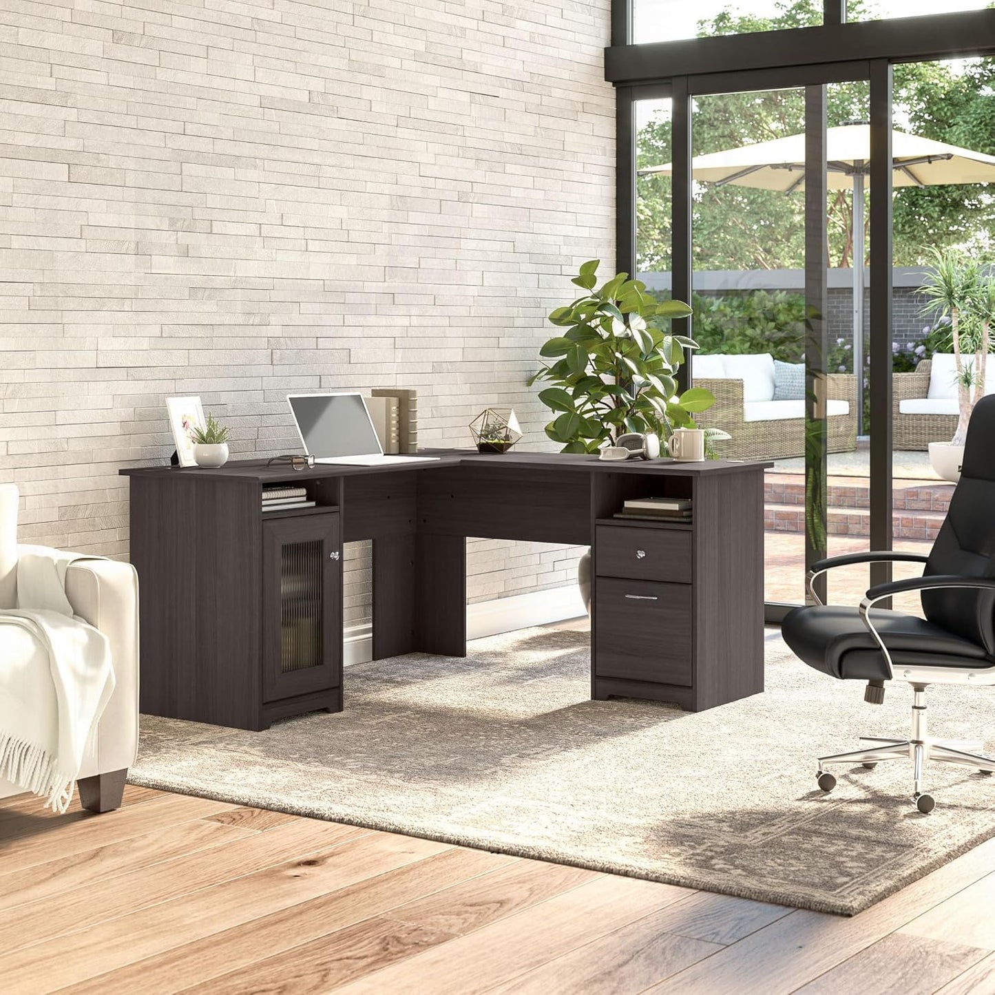 Bush Furniture Cabot L Shaped Computer Desk in Heather Gray | Corner Table with Drawers for Home Office