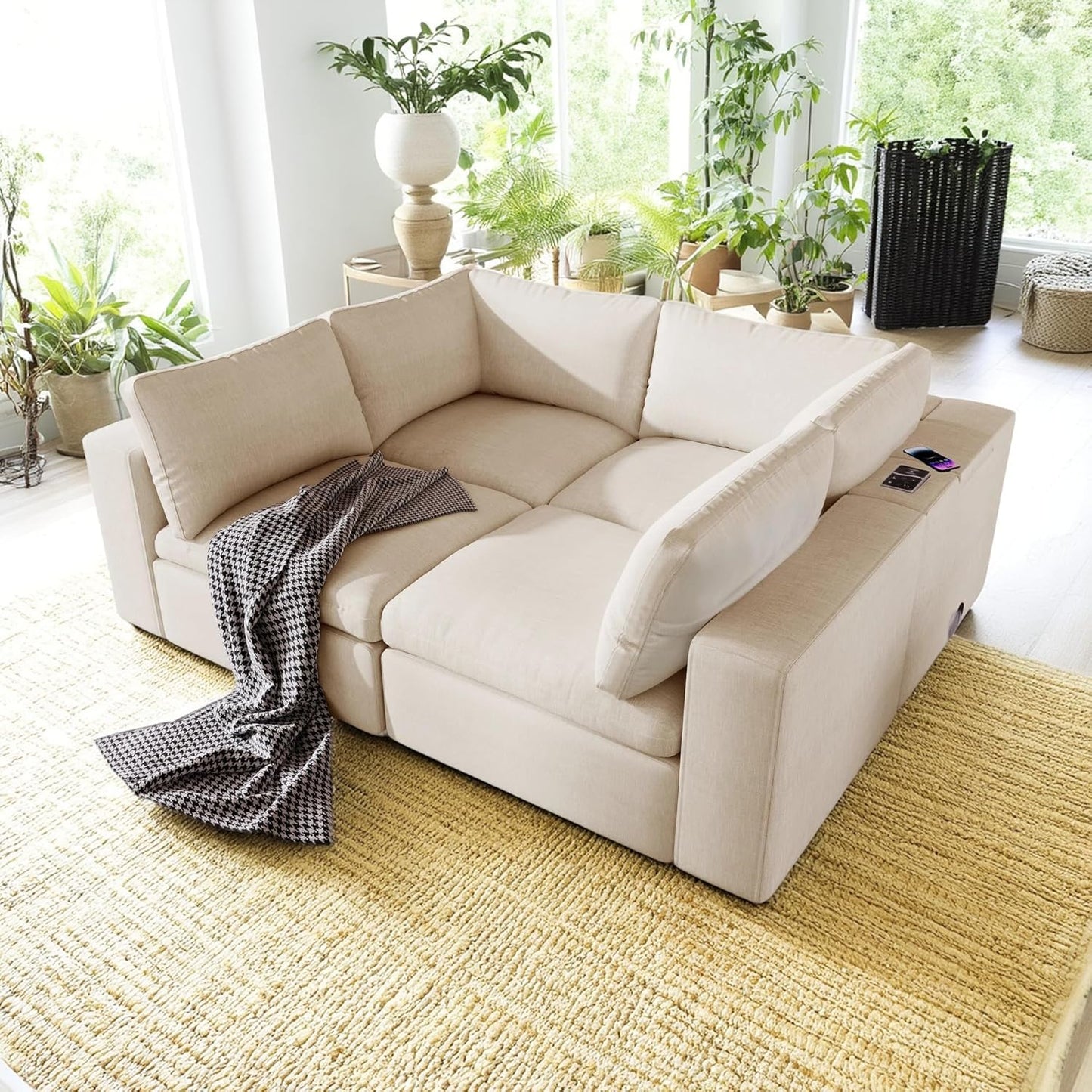 133.9 Inch Modular Convertible Sectional Sofa with Storage, USB Ports, Wireless Charging & Built-in Speaker in Arm, L-Shaped Upholstered Sleeper Couch for Living Room Office, Beige