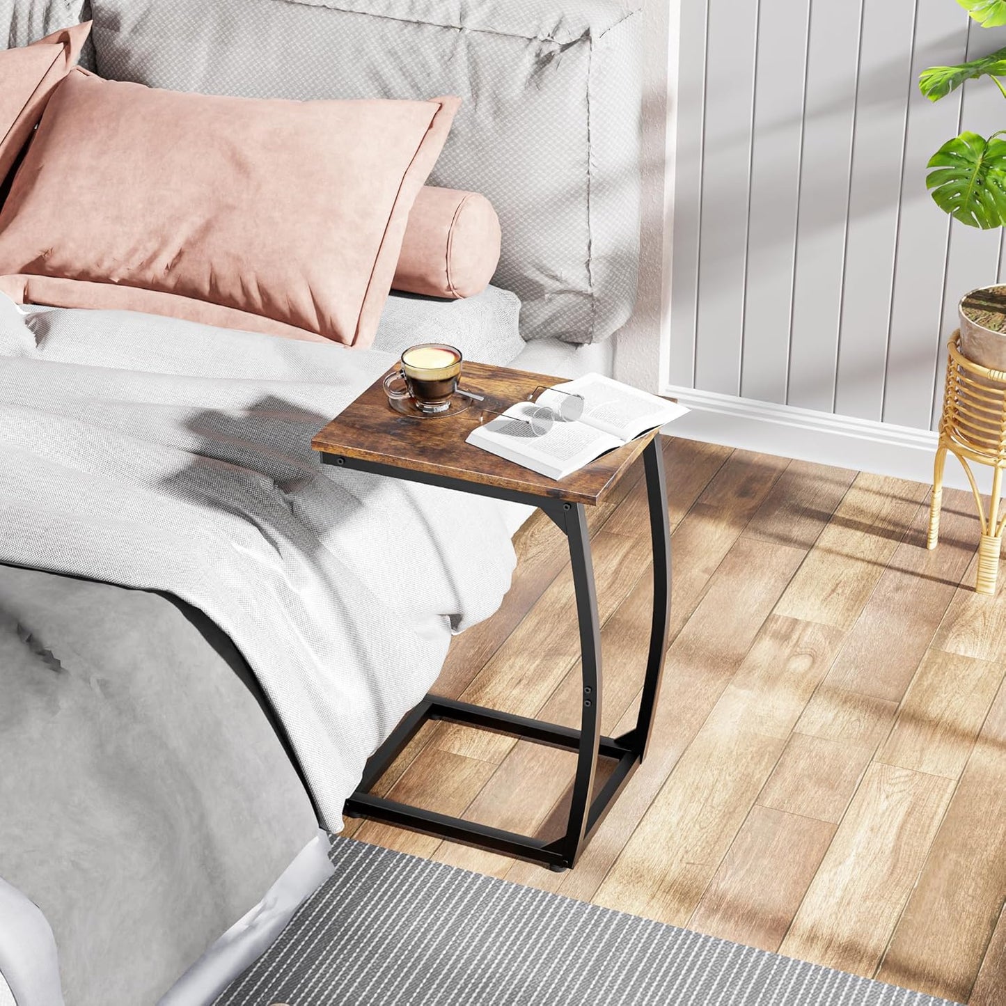 C-Shaped End-Table - Side Table for Couch,Curved Support Legs, Slide Under Couch Table for Sofa, TV Tray Table for Living Room Bedroom (Rustic Brown)