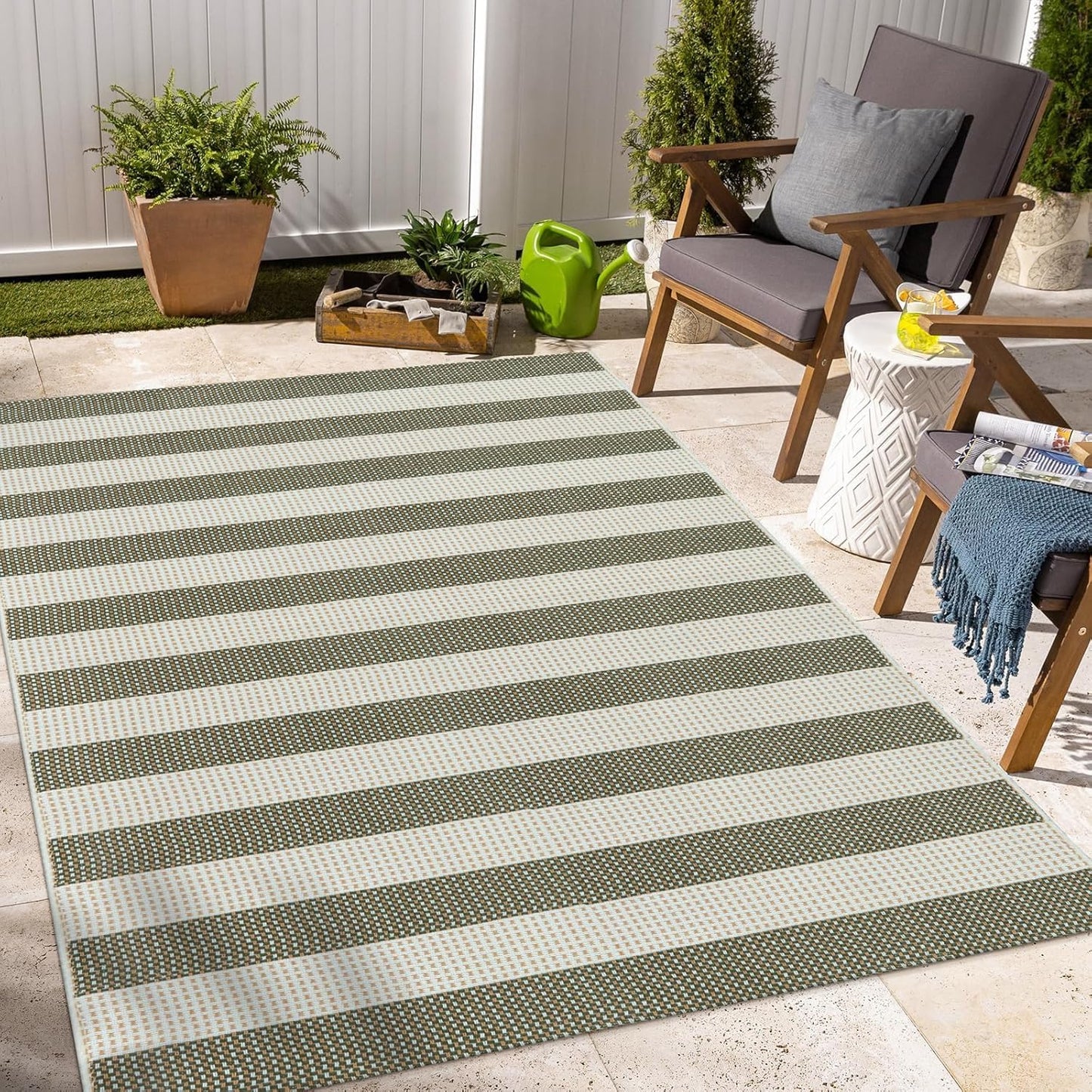 OJIA Striped Outdoor Area Rug 4'x6' Washable Patio Rugs Cotton Woven Living Room Rug Farmhouse Indoor Outdoor Rugs Large Floor Carpet for Courtyard/Bedroom/Entryway (Green/White/Tan)