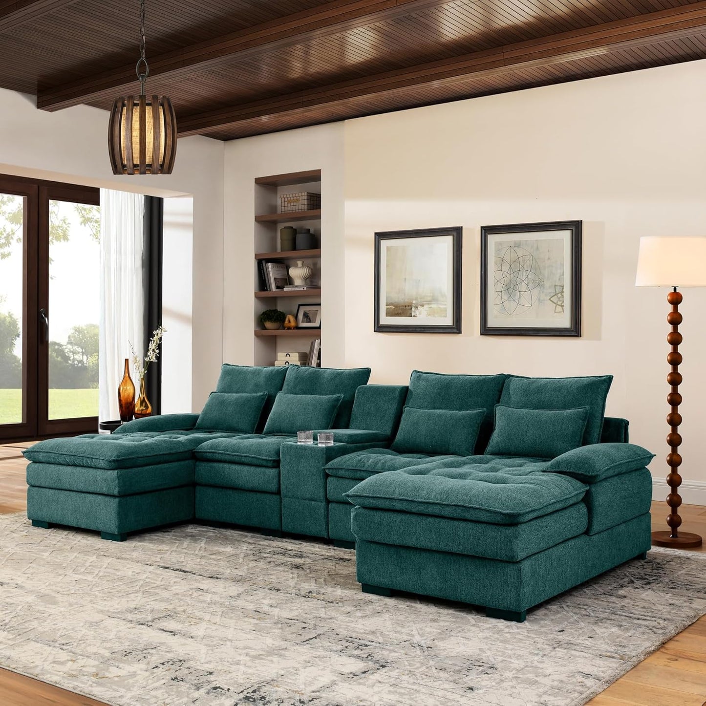130" U-Shaped Sectional Sofa with Storage Console & Cup Holders, Upholstered 6 Seat Living Room Sleeper Couch Furniture Set w/Chaise, Cloud Cushion Couch for Home, Office, Apartment,Green