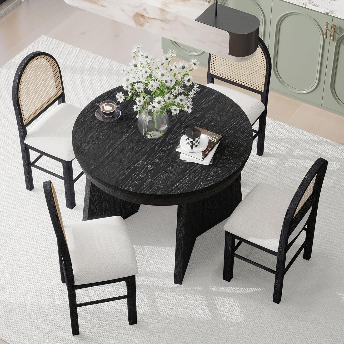 Ball & Cast Retro 5 Pieces Dining Table Set with 4 Upholstered Chairs,Kitchen Table and Chairs for 4 W/ 58" Round Extendable Kitchen Desk,for Small Space,Apartment,Dining Room,Espresso