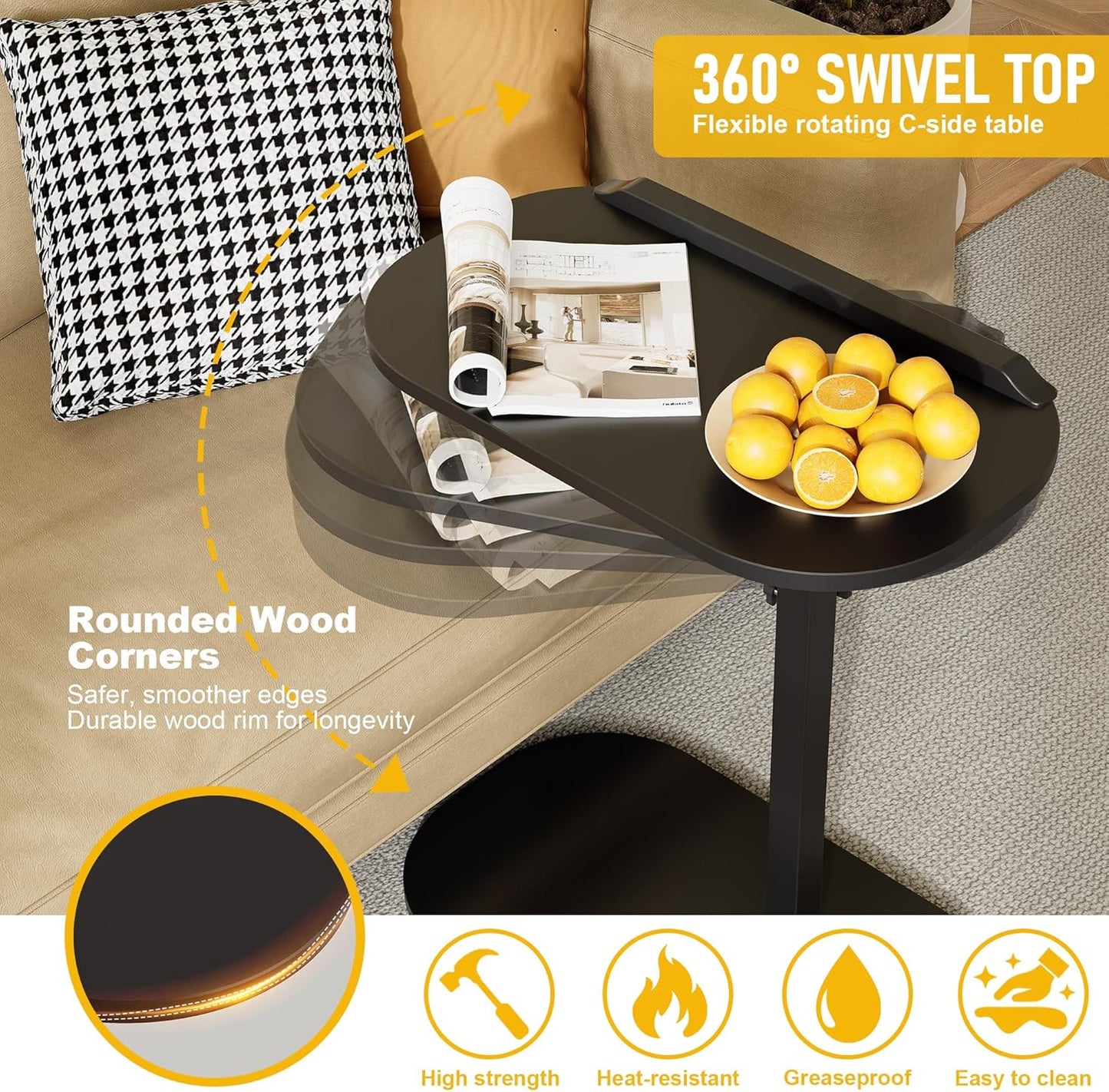 C Shaped End Side Table with Anti-Drop Rod, Adjustable Height & 360° Swivel Snack Table for Couch, Sofa, Bedroom, Living Room, TV Tray Table for Eating, Dinner or Laptop, Small Spaces, Black