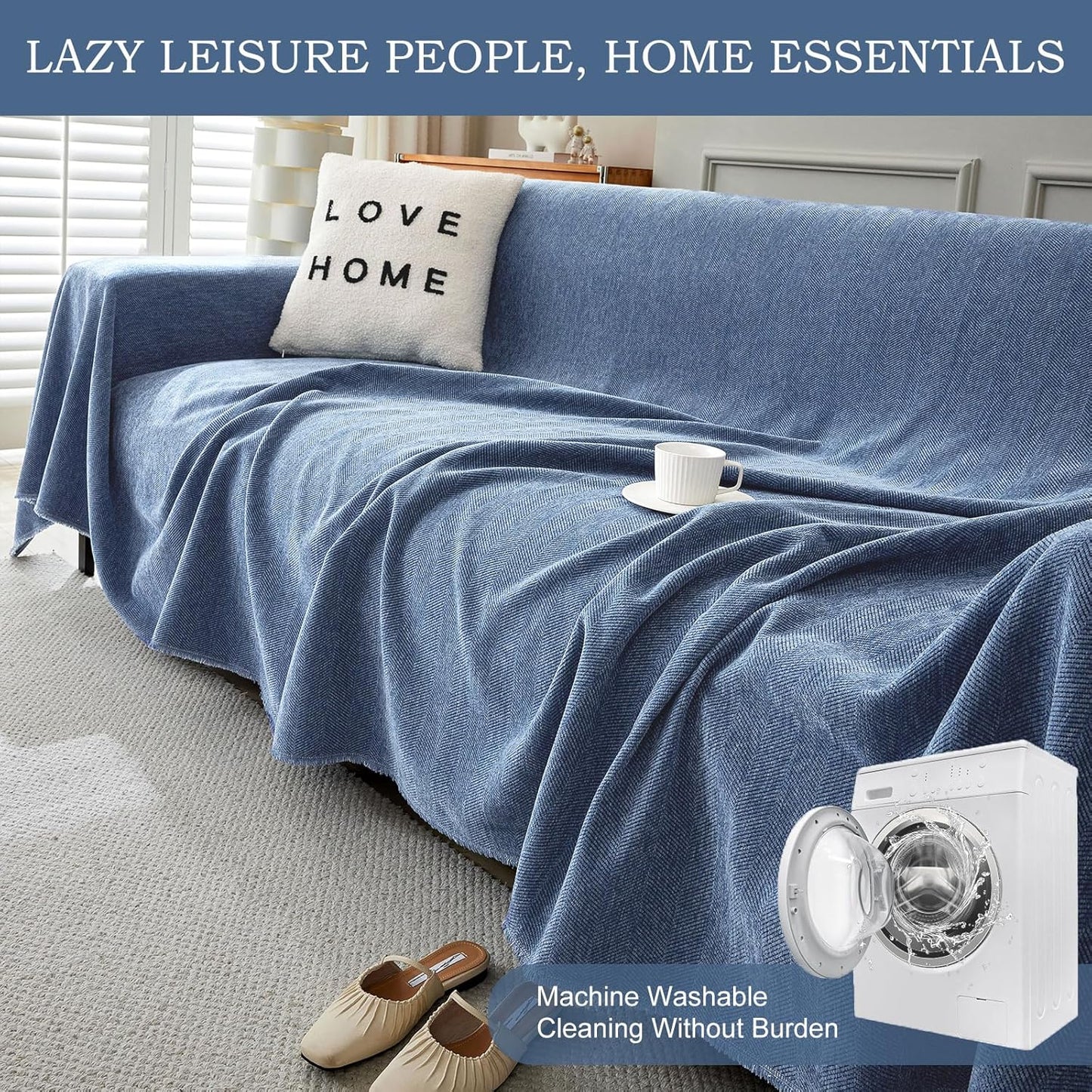 STACYPIK Durable Simple Blue Sofa Cover for Pets Kids Textured Herringbone Chenille Couch Covers for 2 Cushion Couch L Shape Couch Cover Versatile Protector Cover Multi-Use Blanket Washable-91X118IN