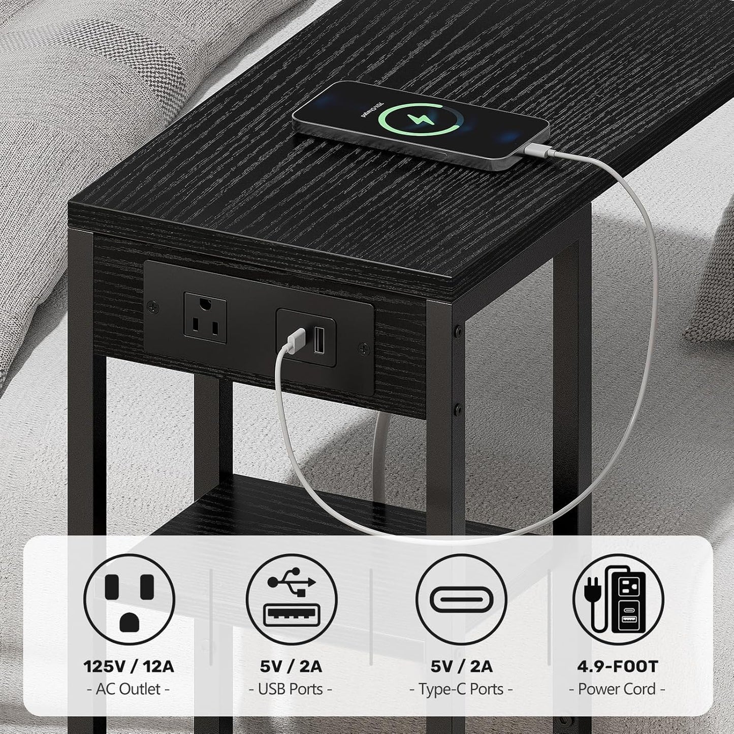 C Shaped End Table with Charging Station, Small Side Table for Couch Recliner, Slide Under Sofa Desk Snack Tables with Storage Bag & AC / USB Outlet, Small Spaces Drink Tables for Living Room, Bedroom