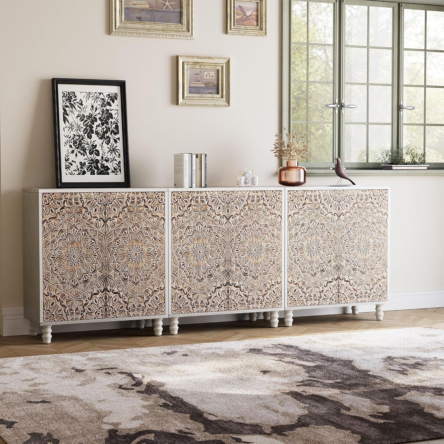 COSIEST Set of 3 32" Buffet Sideboard Cabinets with Vintage Firework Carved Pinewood Doors, Push-to-Open Storage Accent Cabinets, Gray