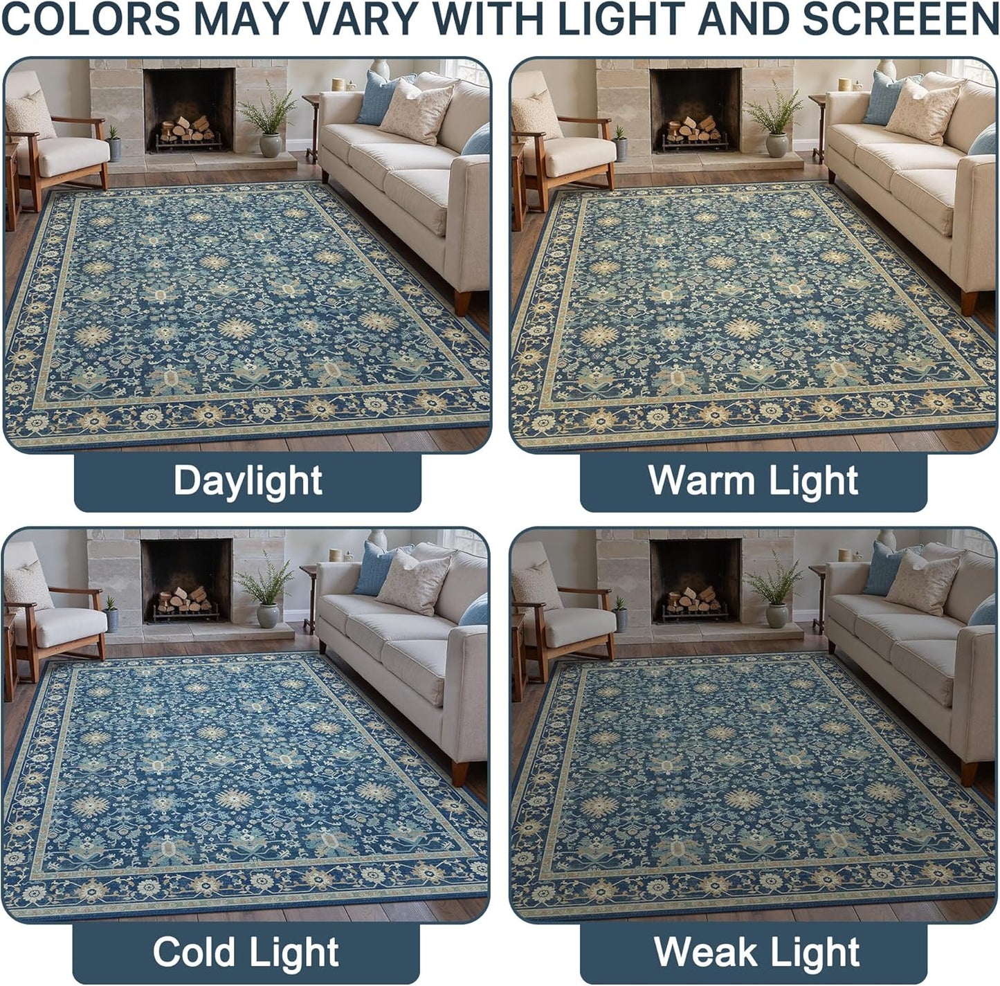 8X10 Area Rugs Machine Washable Runner Rugs for Living Room Bedroom Hallway, Non Slip Indoor Soft Accent Distressed Boho Vintage Print Lightweight Thin Low Pile Carpet, Navy