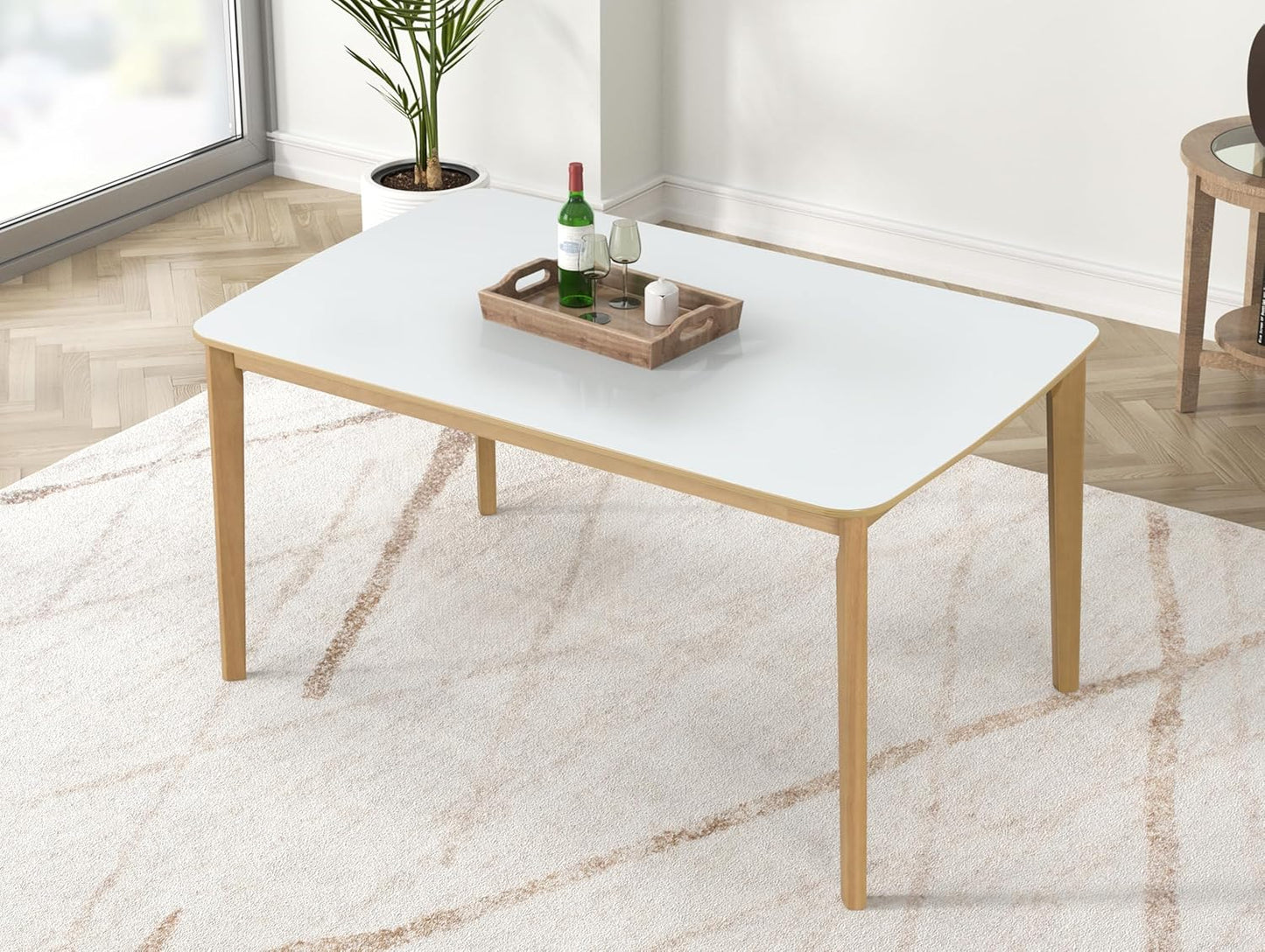 Ball & Cast 6-Piece Dining Table Set,59" Rectangular Dining Table with High Gloss White top, and 4 Upholstered Chairs & 1 Bench for Dining Room and Kitchen, Light Oak