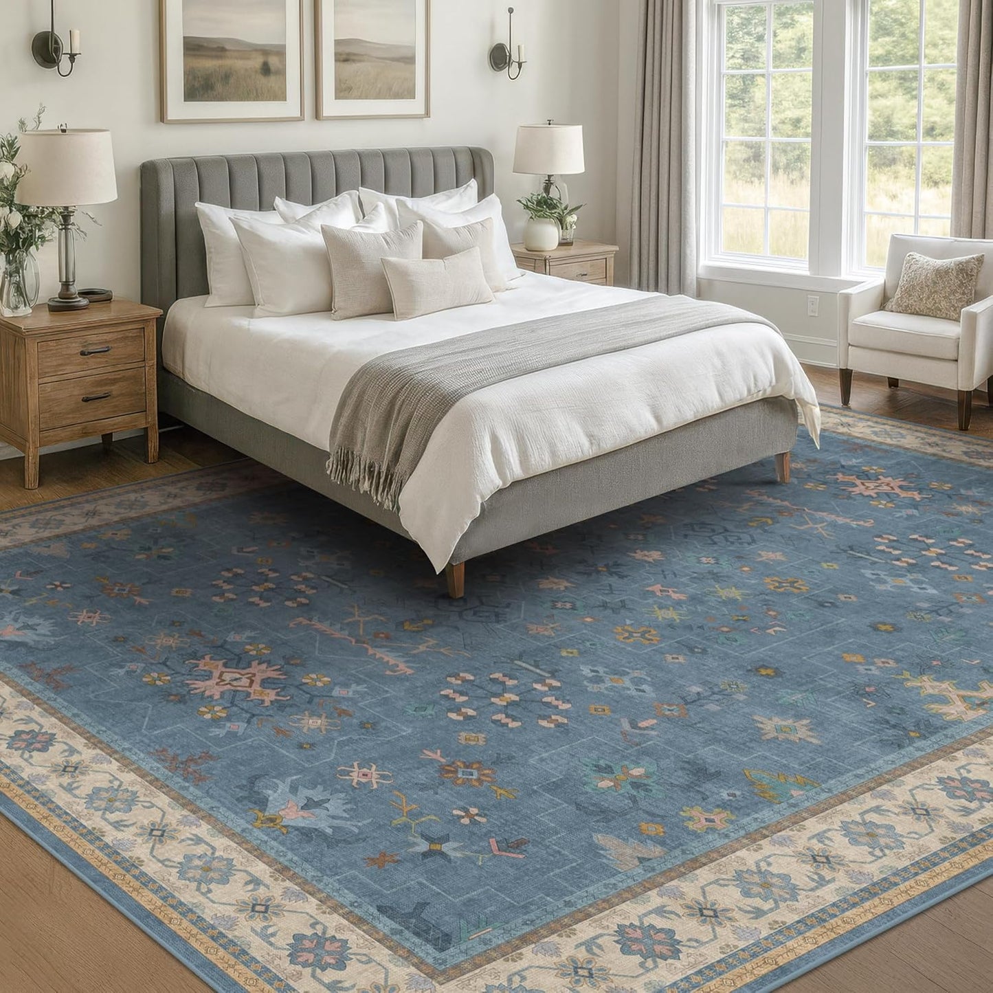 Boho 7x10 Accent Area Rugs for Living Room - Dusky Blue Rug for Bedroom Under Bed, Dining Room Under Kitchen Table, Washable Soft Non Slip Unique Colorful Indoor Décor