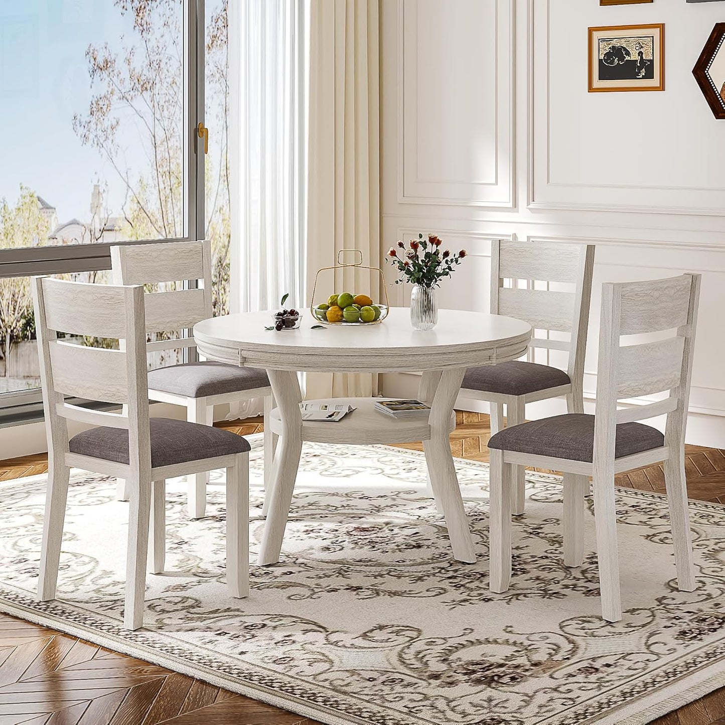 5-Piece Solid Wood Dining Table Set for 4, Round Kitchen Table Set with 4 Upholstered Chairs, Farmhouse Dining Sets for Kitchen, Dining Room, Rustic Grey