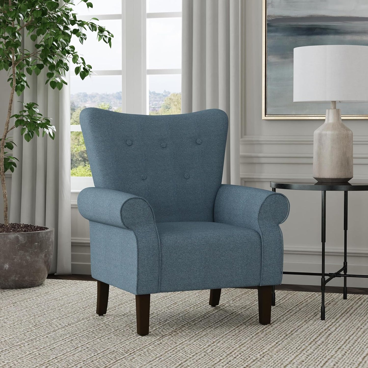 Home Decor | Upholstered Rolled Arm Wingback Accent Chair | Accent Chairs for Living Room & Bedroom | Decorative Home Furniture - Blue Textured Woven