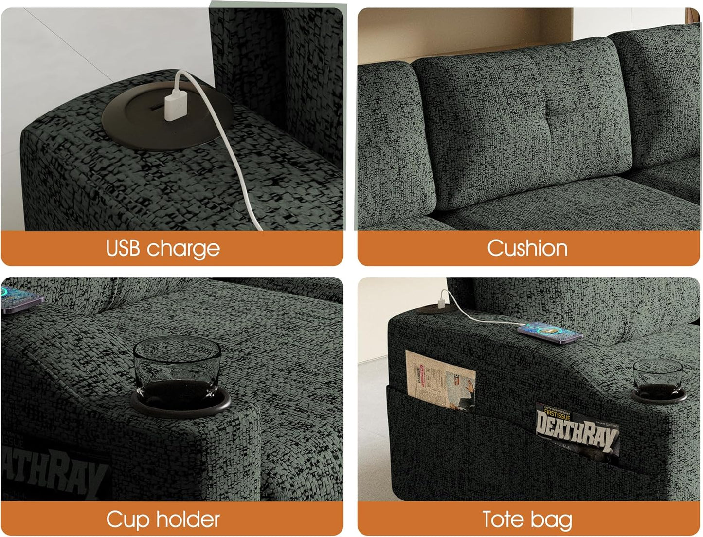 Ball & Cast Modular L Shaped Sectional Sofa with Movable Storage Ottoman,3 Seater Comfy Cloud Couch W/Cupholders and USB Ports,Linen Fabric Sofa for Living Room,Apartment,Small Space,Green,78"