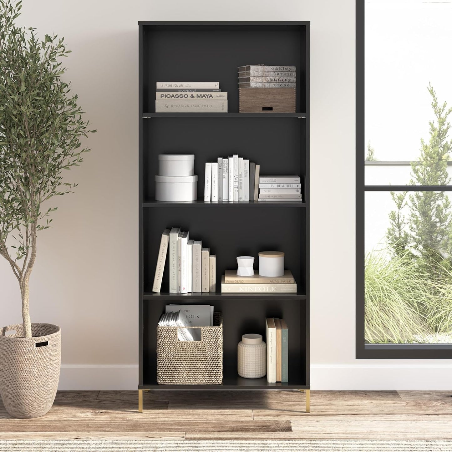 Bush Home Essence 4 Shelf Bookcase, Living Room Furniture, Essence Collection, Black Stipple