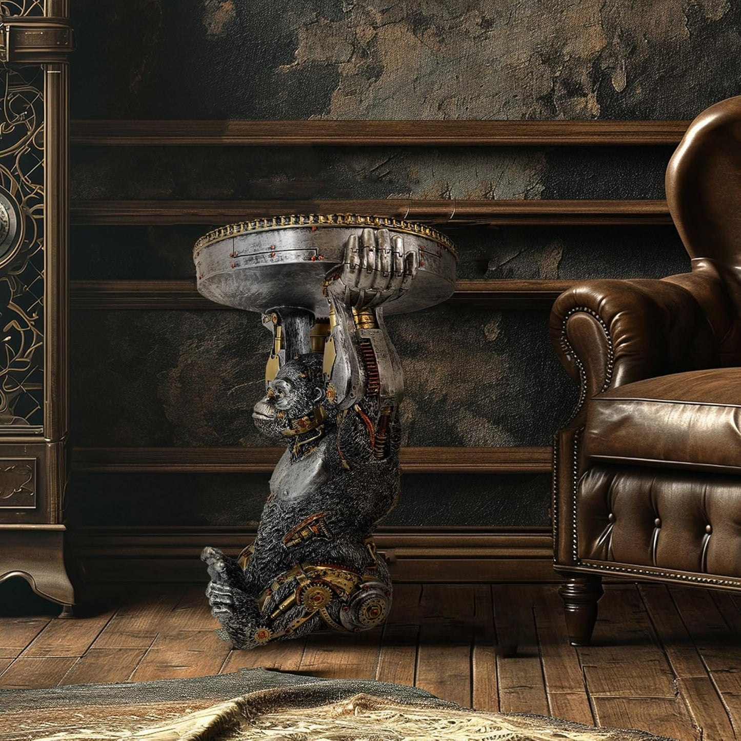 Steampunk Gorilla Side Table Pedestal End Table Stool Resin Cyborg Monkey Sci-fi Statue Sculpture Hand Painted Collectible Figurine with Cool Gear for Home Man Cave Decor Silver