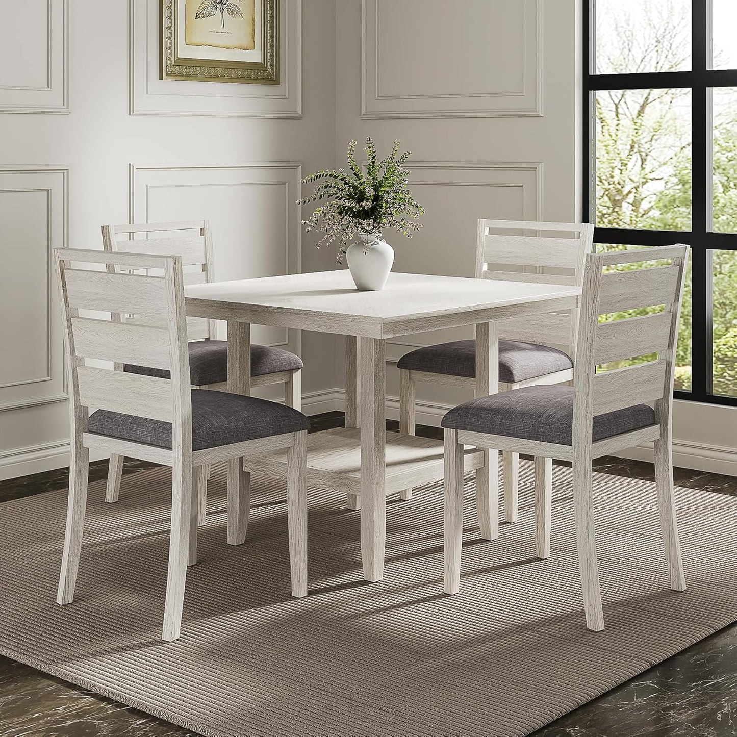 5-Piece Solid Wood Dining Table Set for 4, Modern Breakfast Dinette Kitchen Table with Bench & Chairs for Dining Room, Kitchen, Grey