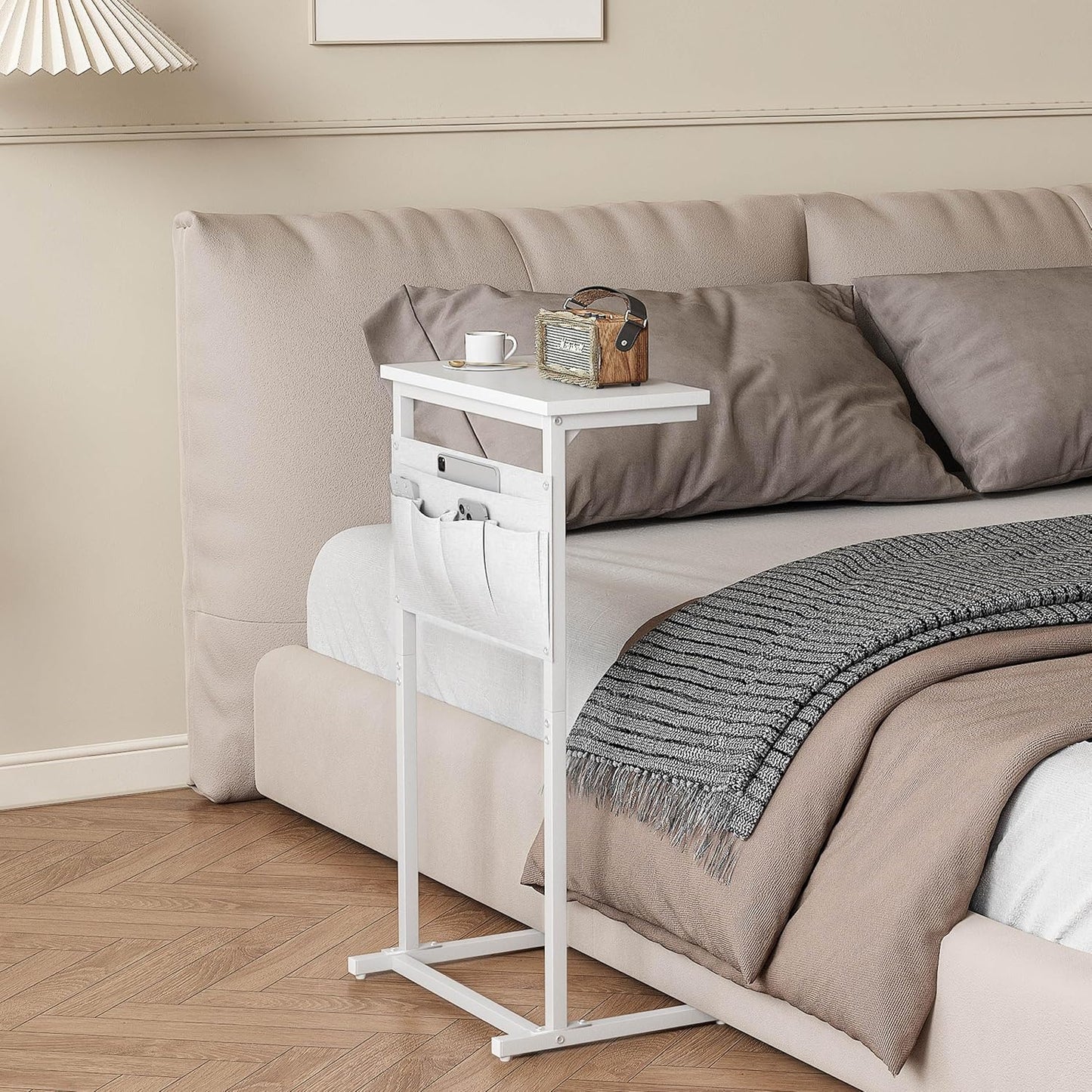 C Shaped End Table, Side Table for Sofa, Small TV Tray, Couch Table with Storage Bag for Small Space, Living Room, Bedroom, Home Office LET501W (White)