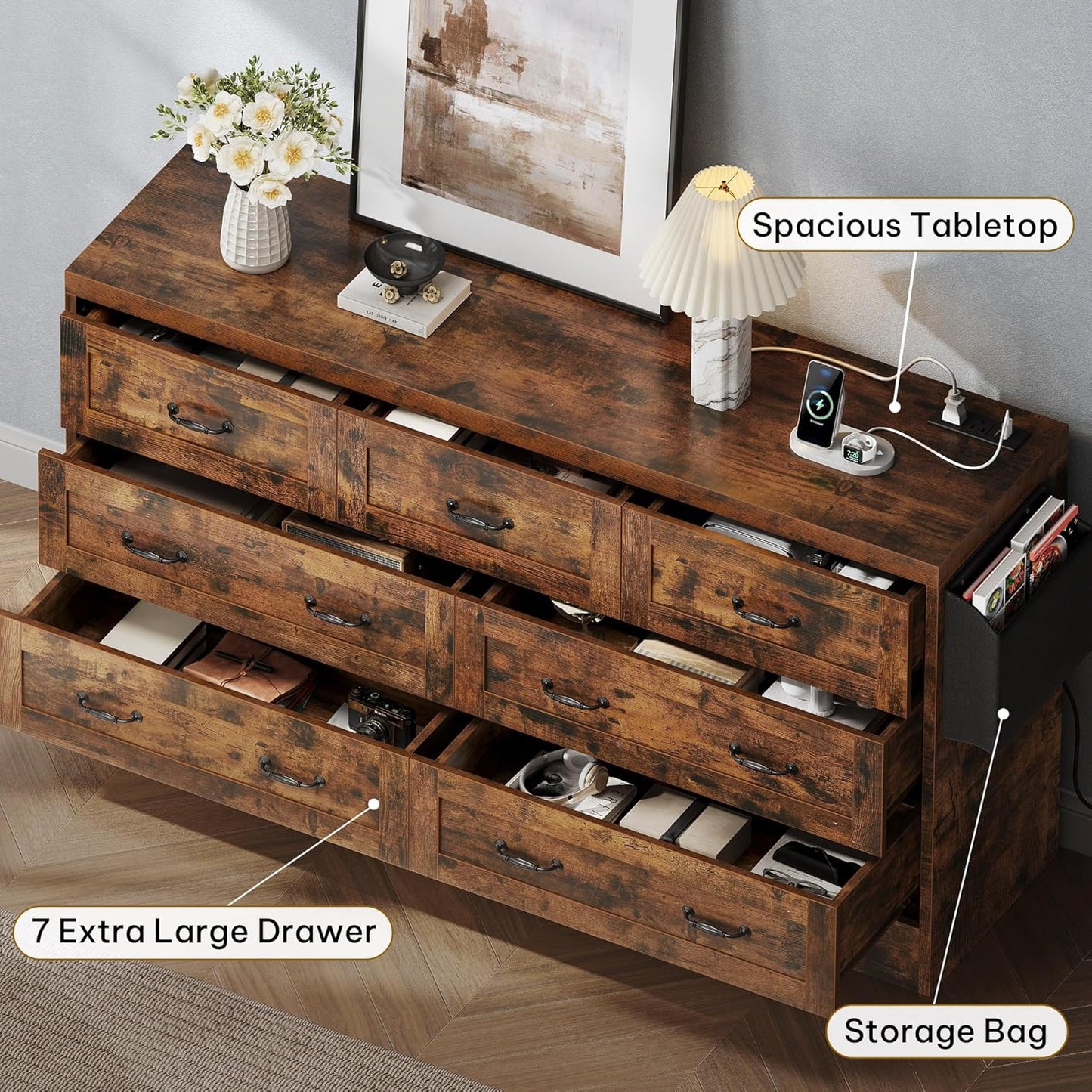 YITAHOME Rustic Brown Drawers TV Stand for 65 inches with Power Outlets -Chest of Drawers Dresser with Side Organizer Bag Entertainment Center TV Console