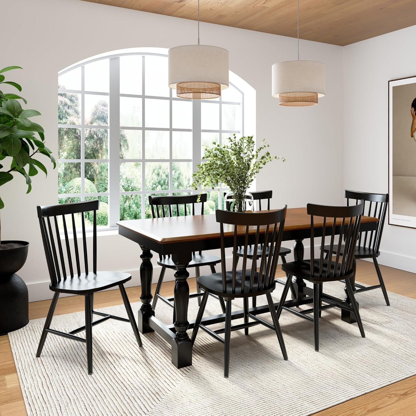 Bush Furniture Rectangular Dining Table Set for 6, with 67 inch Squire Trestle, High Back Spindle Dining Chairs, Farmhouse Transitional, Sterling Collection, Dark Brown and Black