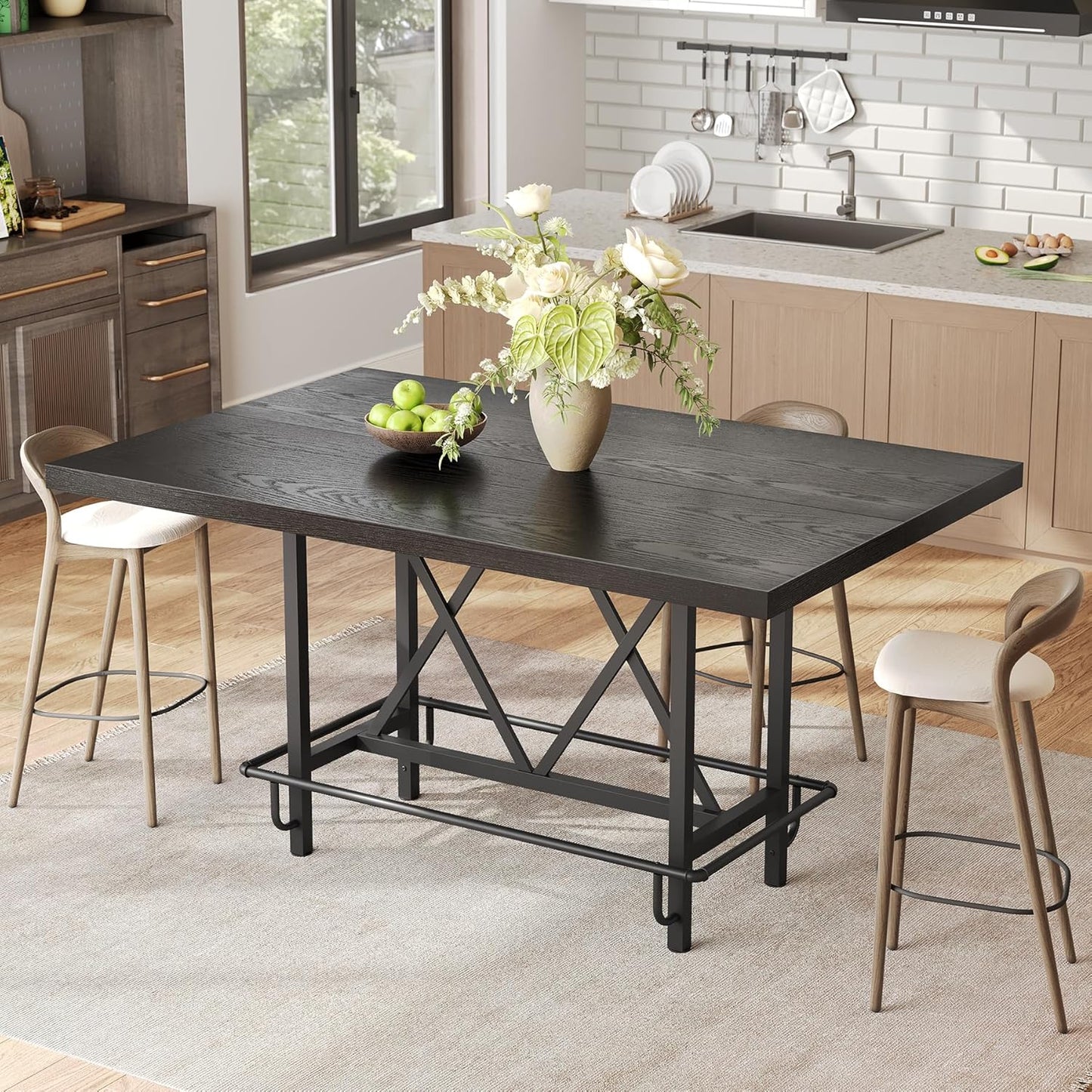 LITTLE TREE 63-Inch Industrial Bar Table with Metal Footrest, Counter Height Pub Table for Kitchen, Home Bar & Entertaining (Black)