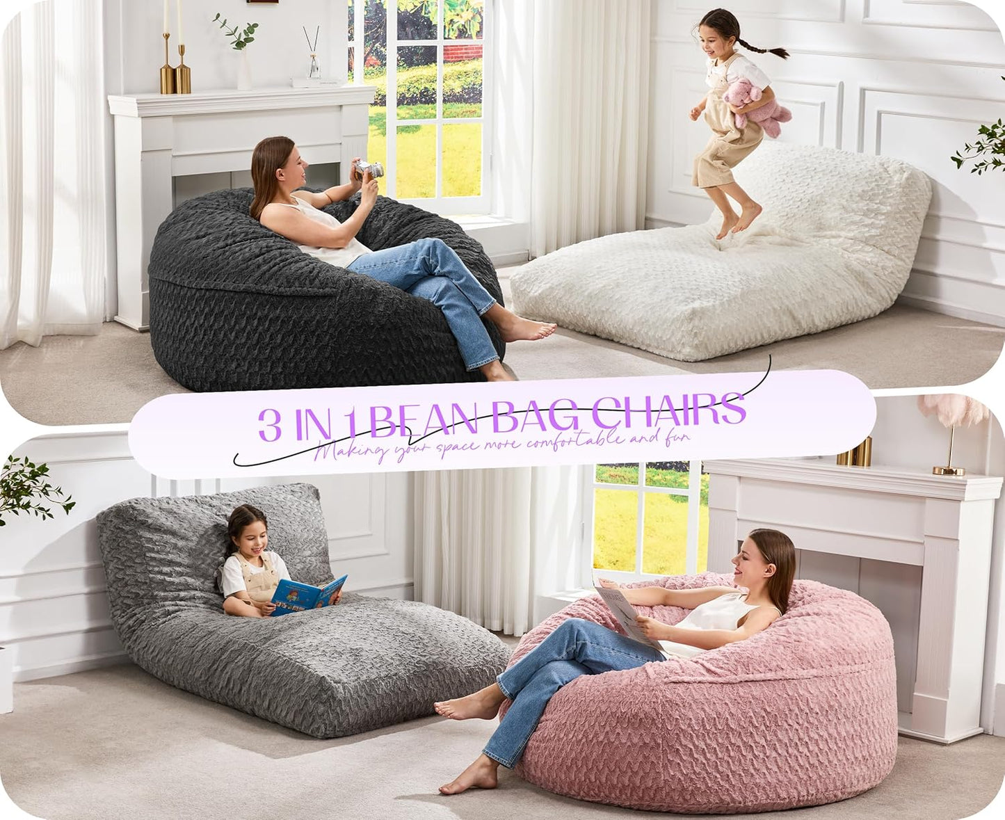 Hobestluk Bean Bag Chair Convertible Beanbag Chairs for Adults, 3 in 1 Bean Bags with Plush Chevron Cover, Adult Bean Bag Chair for Living Room, Bedroom (Black, Queen)