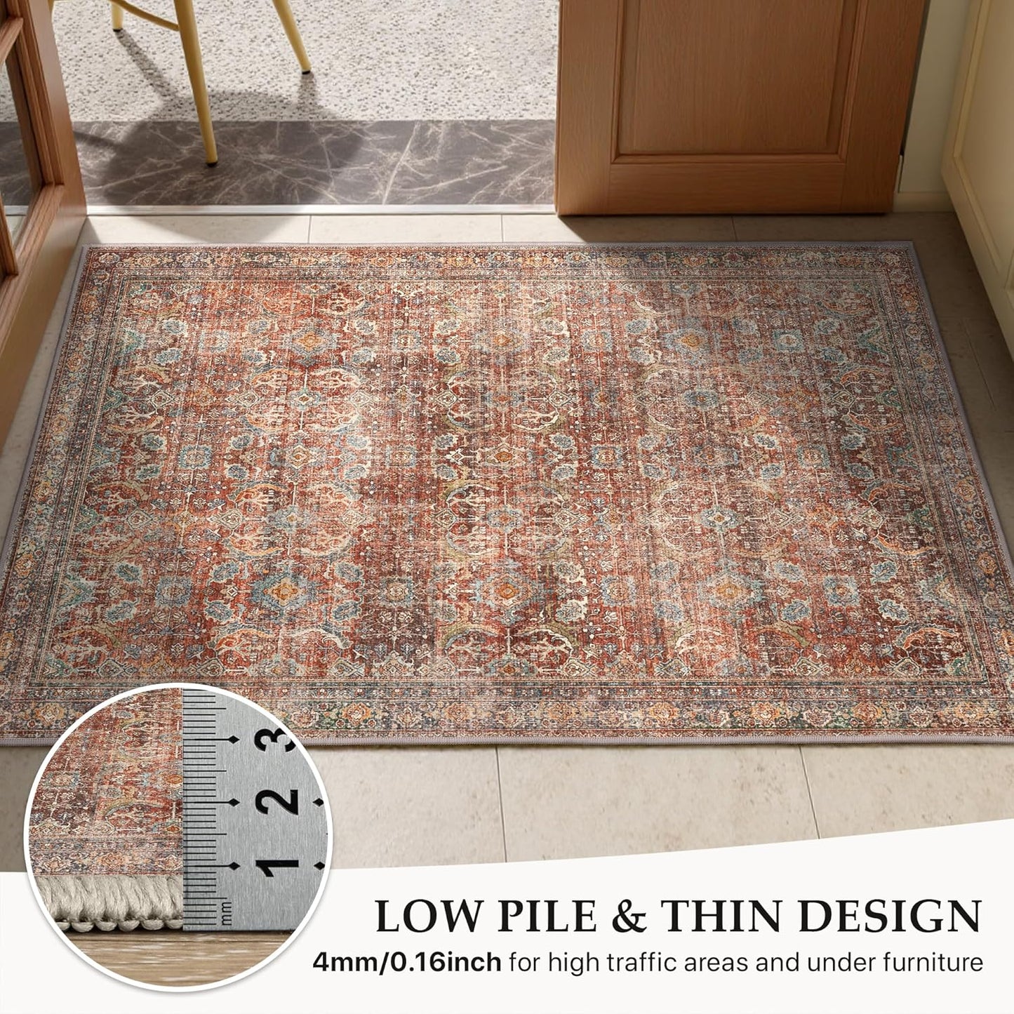 GENIMO 2x3 Area Rugs for Living Room, Machine Washable Non Slip Vintage Rugs, Low Pile Lightweight Chenille Print Rug for Bedroom, Dining Room, Home Office, Terracotta Indigo