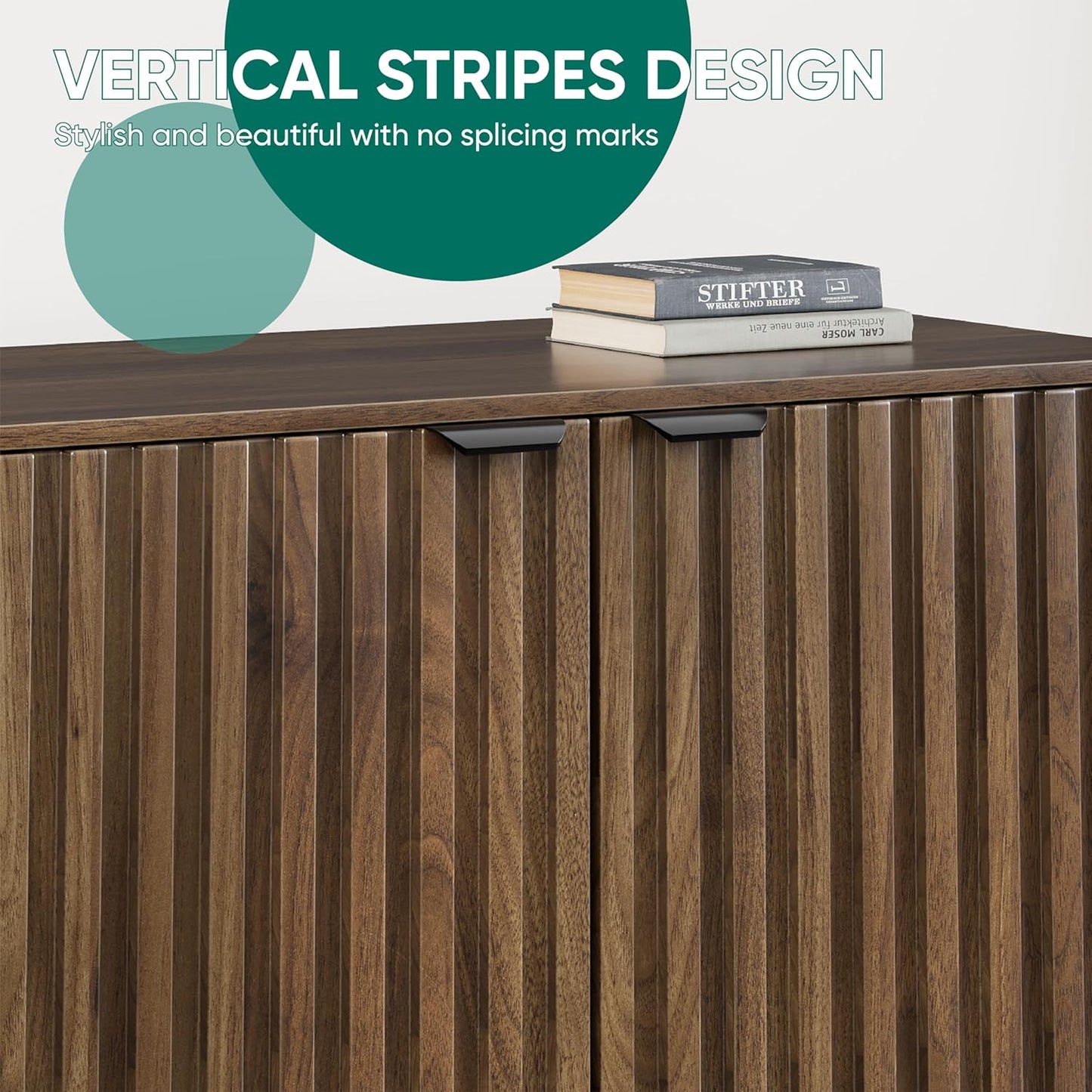 Smuxee Fluted Sideboard Cabinet, Freestanding Walnut Buffet Cabinet with Adjustable Shelf, Wood Storage Cabinet for Living Room, Entryway, Hallway