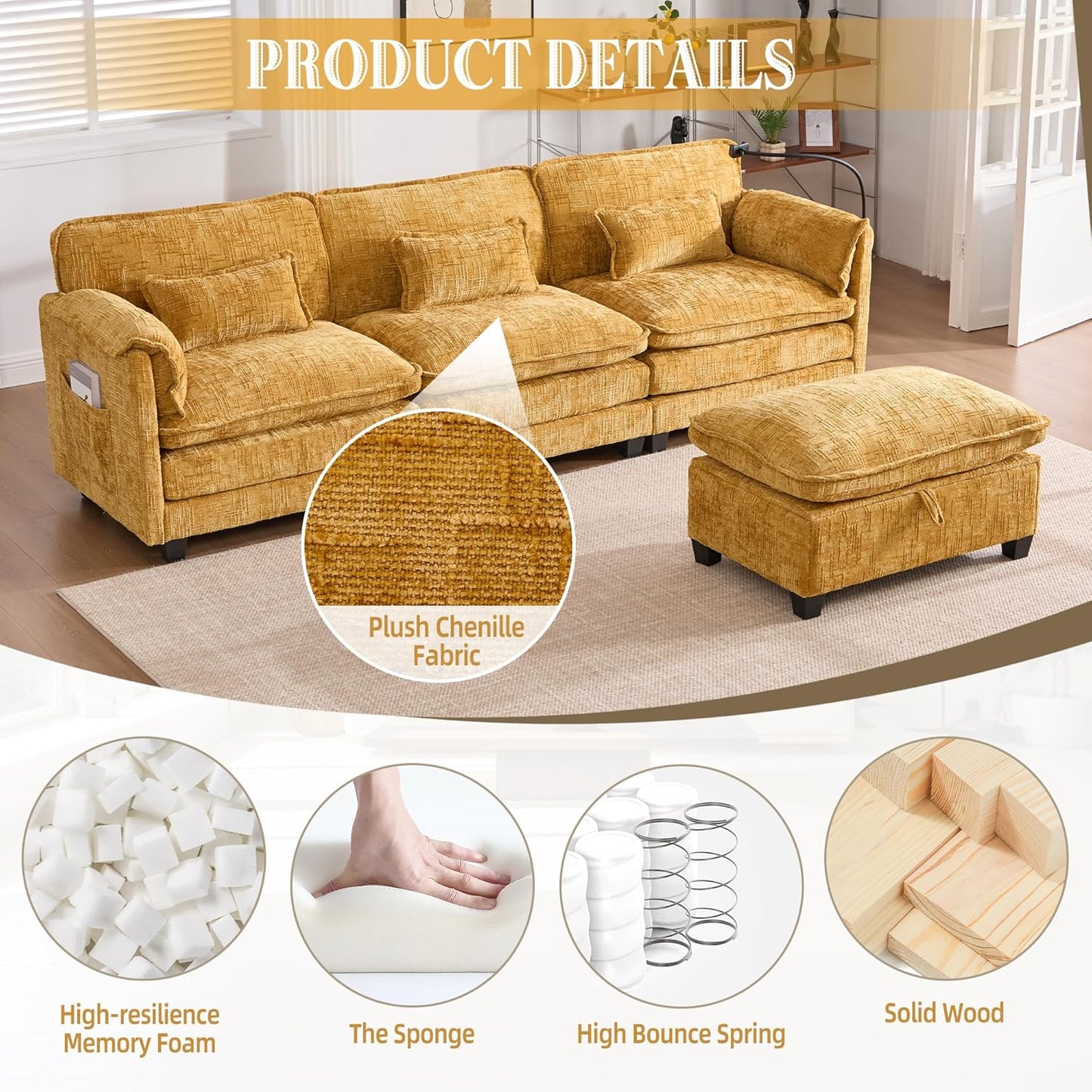 Ball & Cast Modular L Shaped Sectional Sofa,Comfy Cloud Couch W/Movable Storage Ottoman,4 Seater Sectional Sofa W/USB Charging Port,Phone Holder&Side Pocke,Chenille Fabric,for Living Room,Yellow,109"