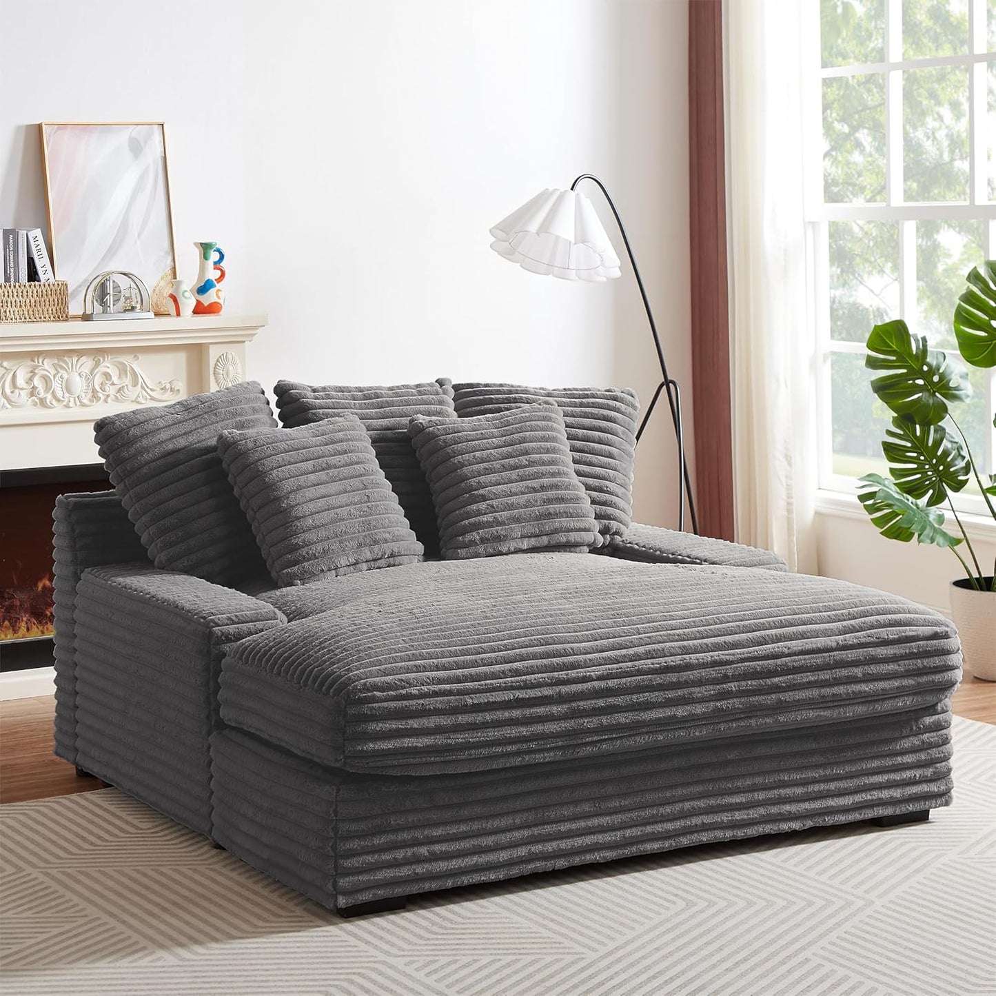 64" Oversized Chaise Daybed Lounge Sleeper Sofa Extra Wide Cloud Sofa&Couch, Luxury Plush Corduroy Upholstered Loveseat Couch Deep Seat Living Room Queen Size Sofabed W/5 Pillows for Home/Apartment