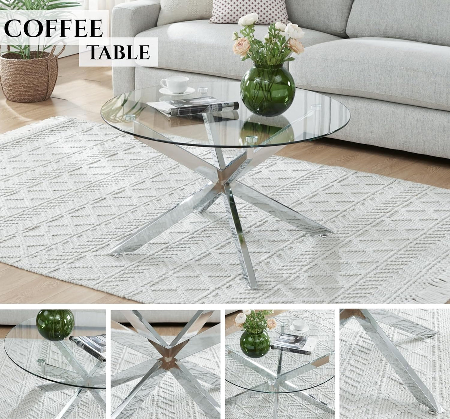 Round Glass Coffee Tables for Living Room, Home Office, Modern & Simple Center Table with Clear Tempered Glass Top, 35.5" Wx19.7 H Silver