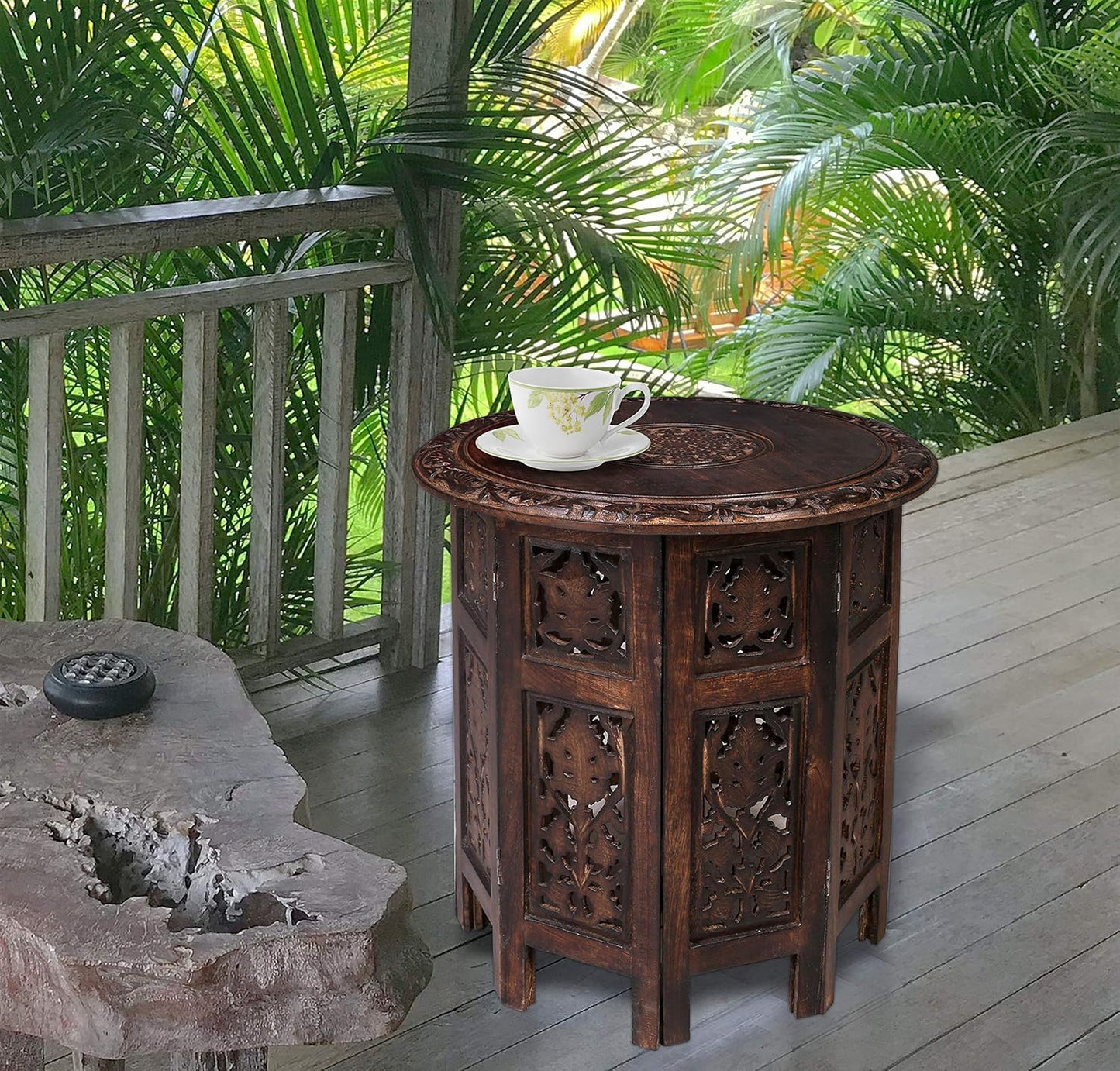 Round Wood Coffee Table - 18” Carved Small Accent Side Table with Burnt Finish, Wooden Altar Table, 18” Round Top x 18” Height, Perfect End Table for Living Room Décor