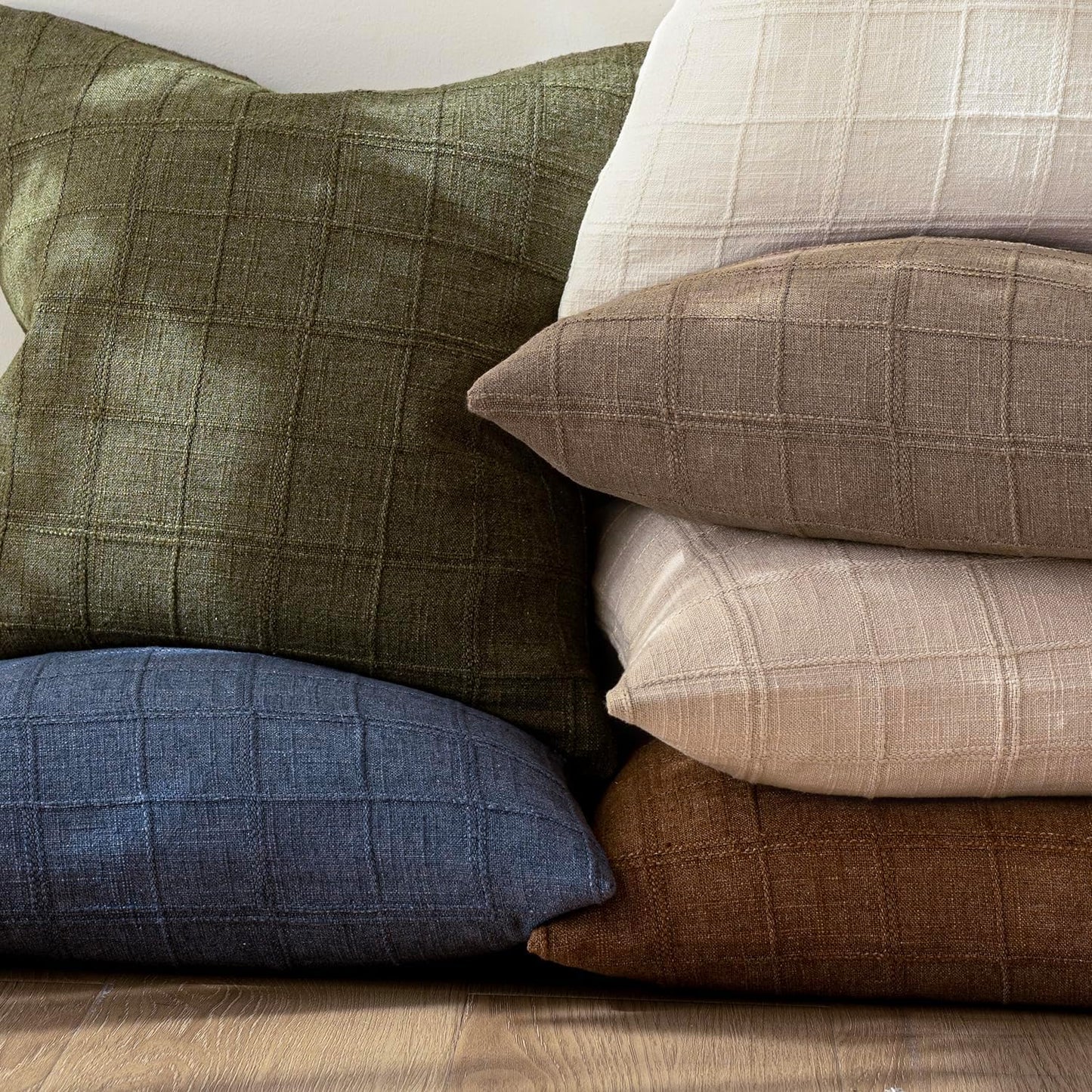 Foindtower Set of 2 Decorative Linen Check Throw Pillow Covers Neutral Farmhouse Vintage Cushion Covers Modern Boho Home Decor for Sofa Chair Couch Bedroom Living Room Outdoor,26×26 Inch,Tan Taupe