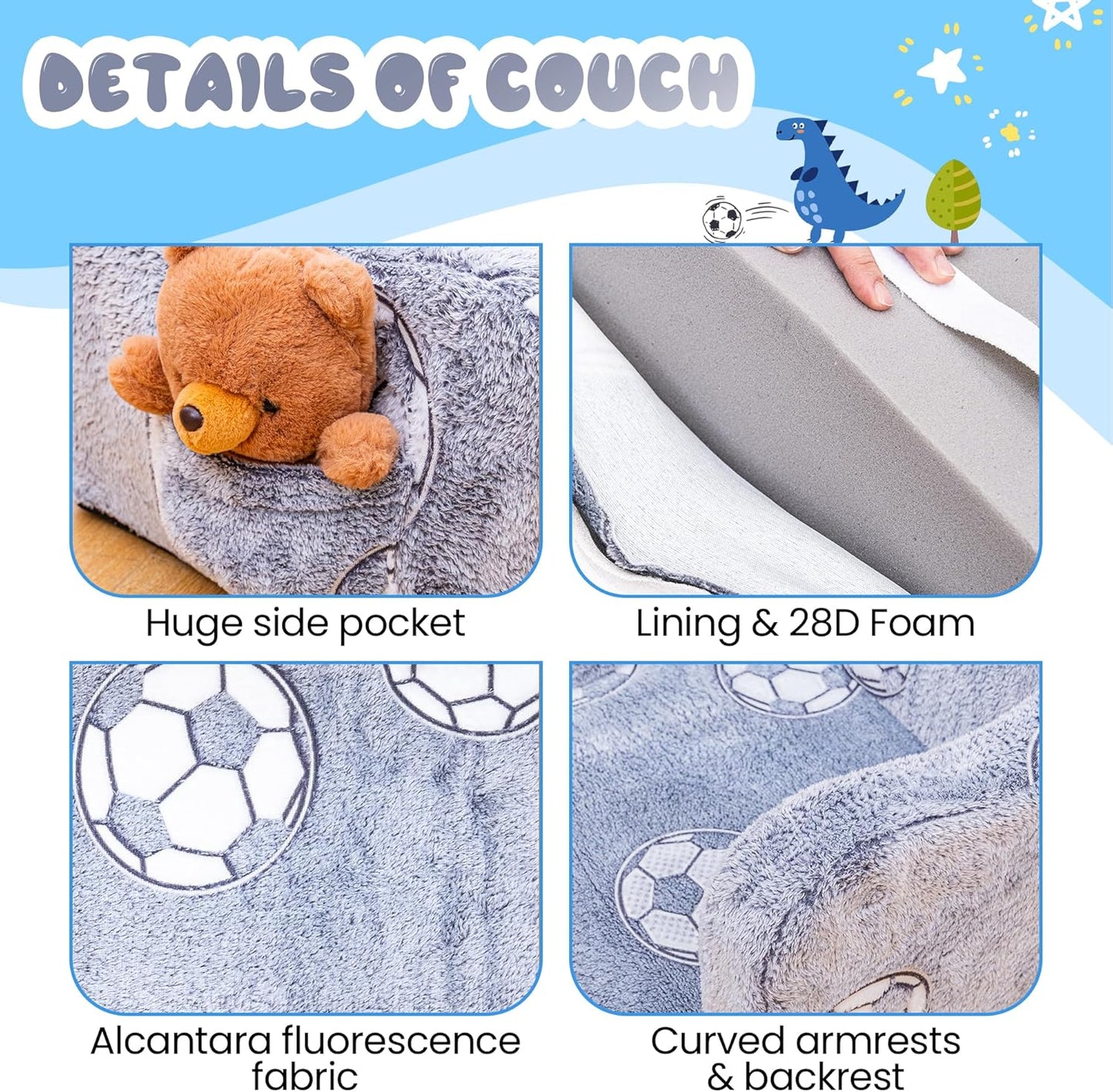 Lamerge 2-in-1 Toddler Couch,Glow in The Dark Baby Floor Bed,Foldable Toddler Chair Kids Sofa for playroom,Convertible Sofa to Lounger for Girls and Boys (Grey and Football)